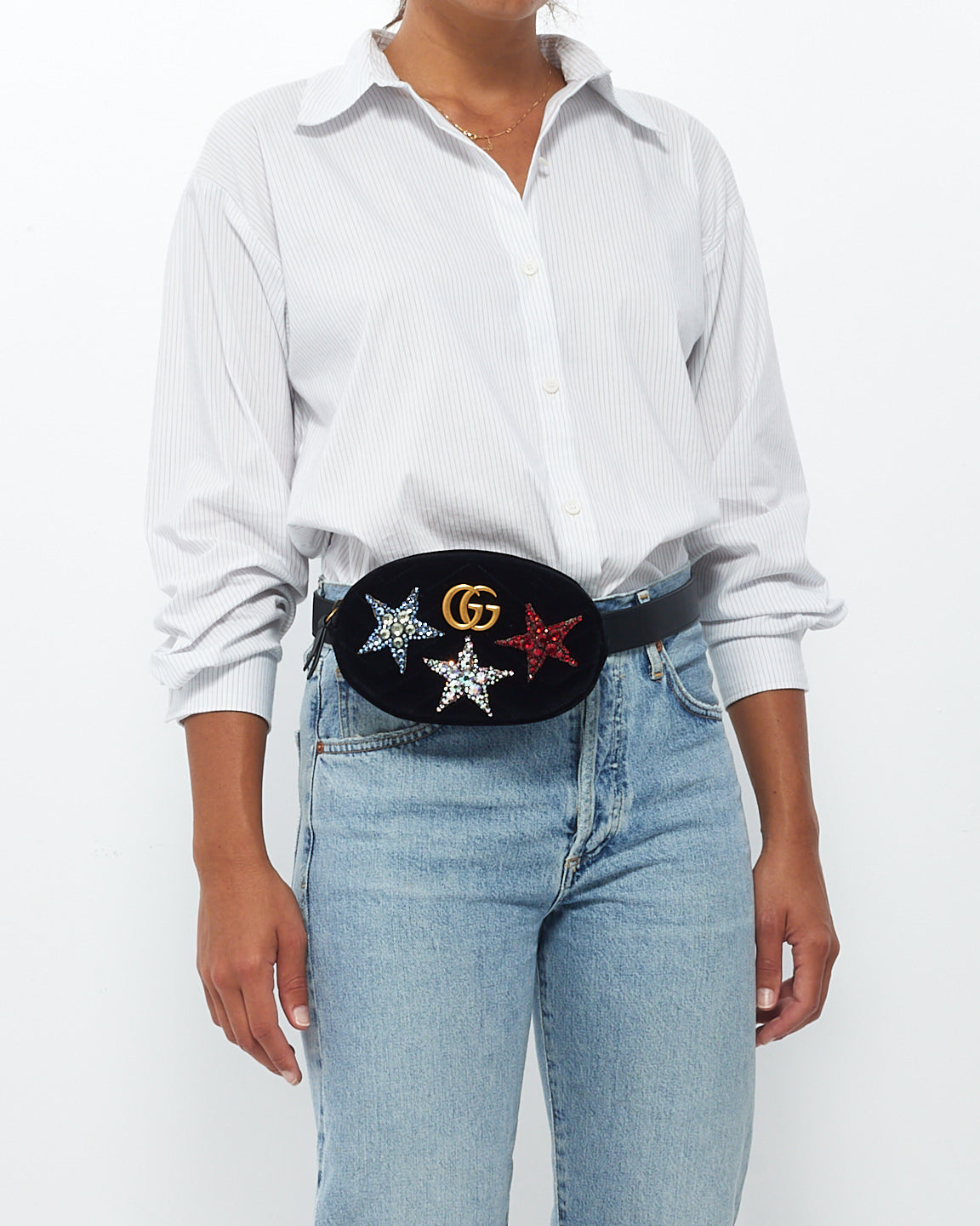 Gucci Black Velvet Matelasse Crystal Star GG Marmont Belt Bag