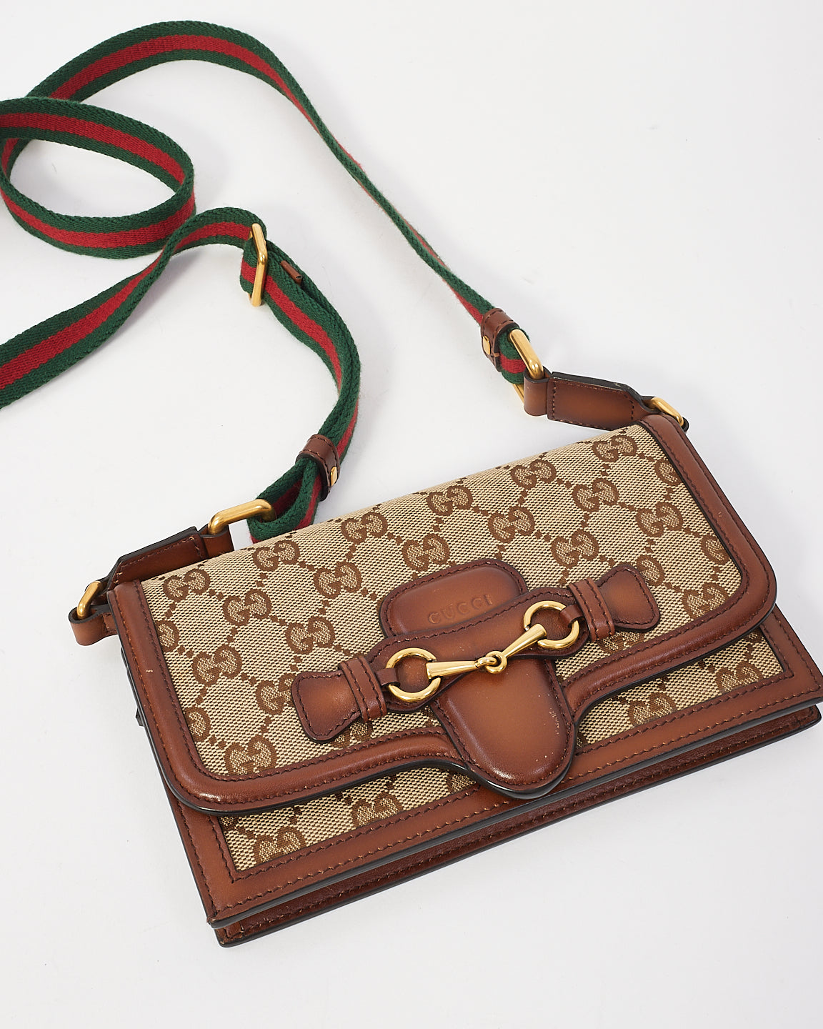 Gucci Brown GG Supreme Canvas Horsebit 1955 Web Wallet on Chain