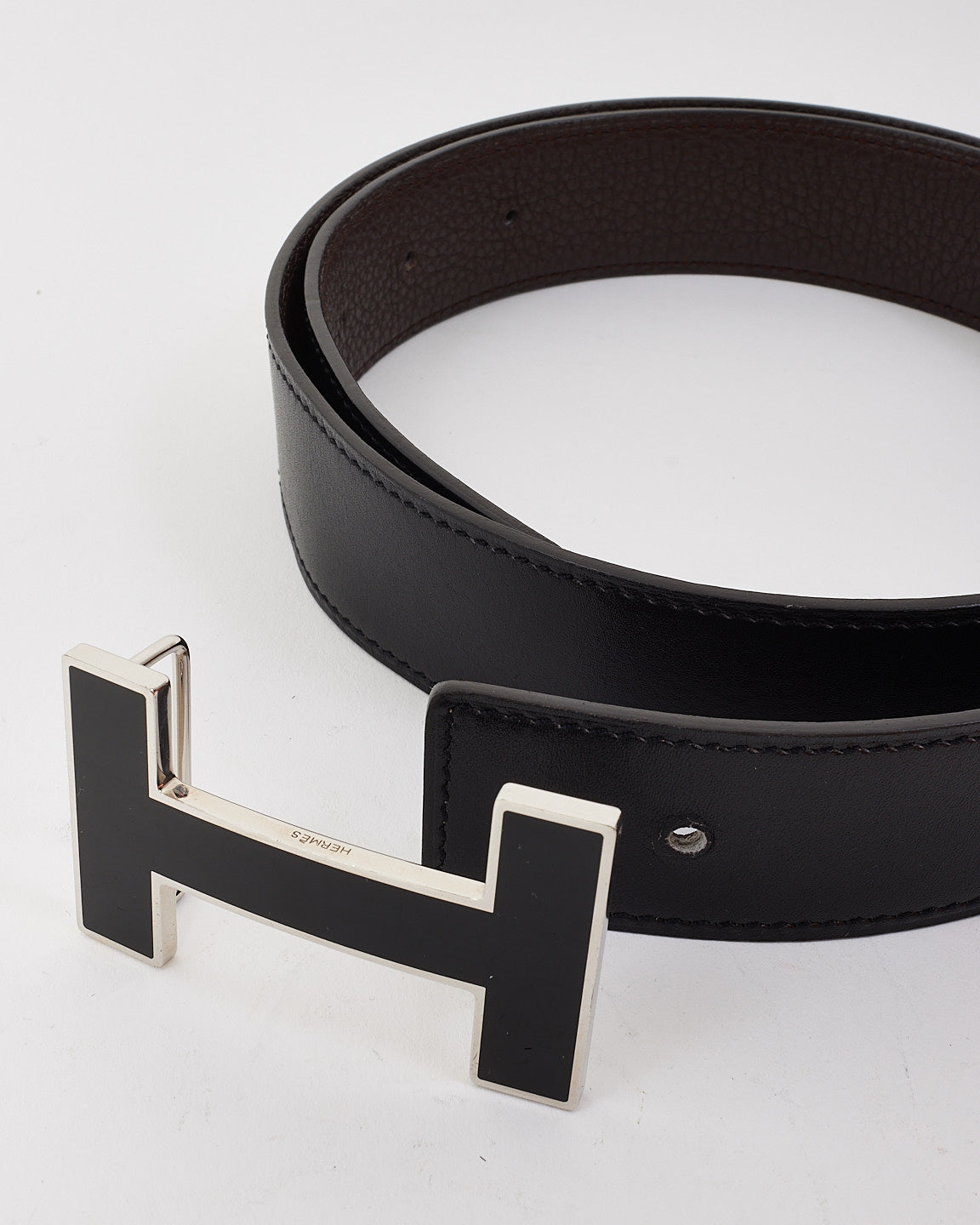 Hermès Black & Brown Leather Black Buckle H Belt - 80