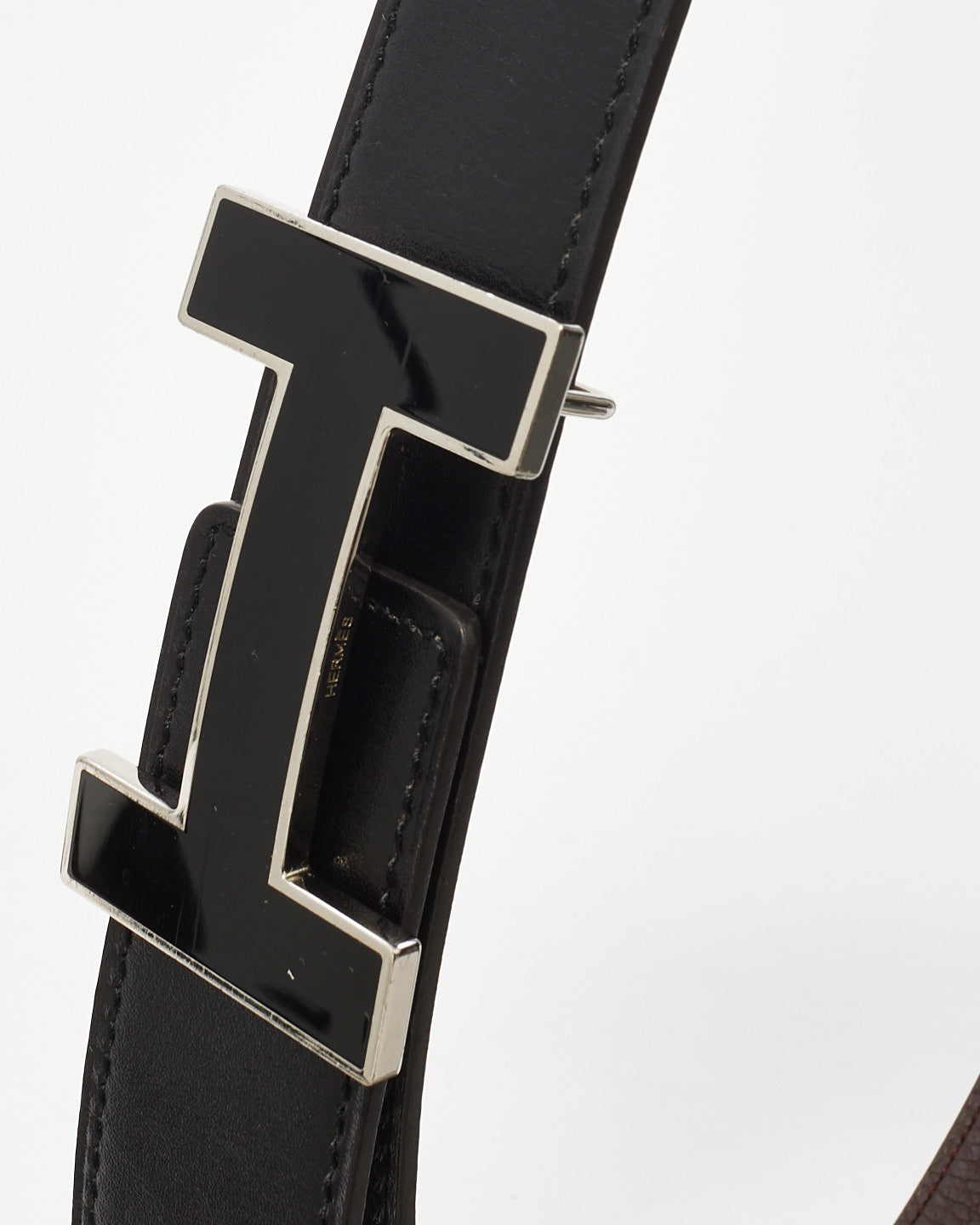 Hermès Black & Brown Leather Black Buckle H Belt - 80