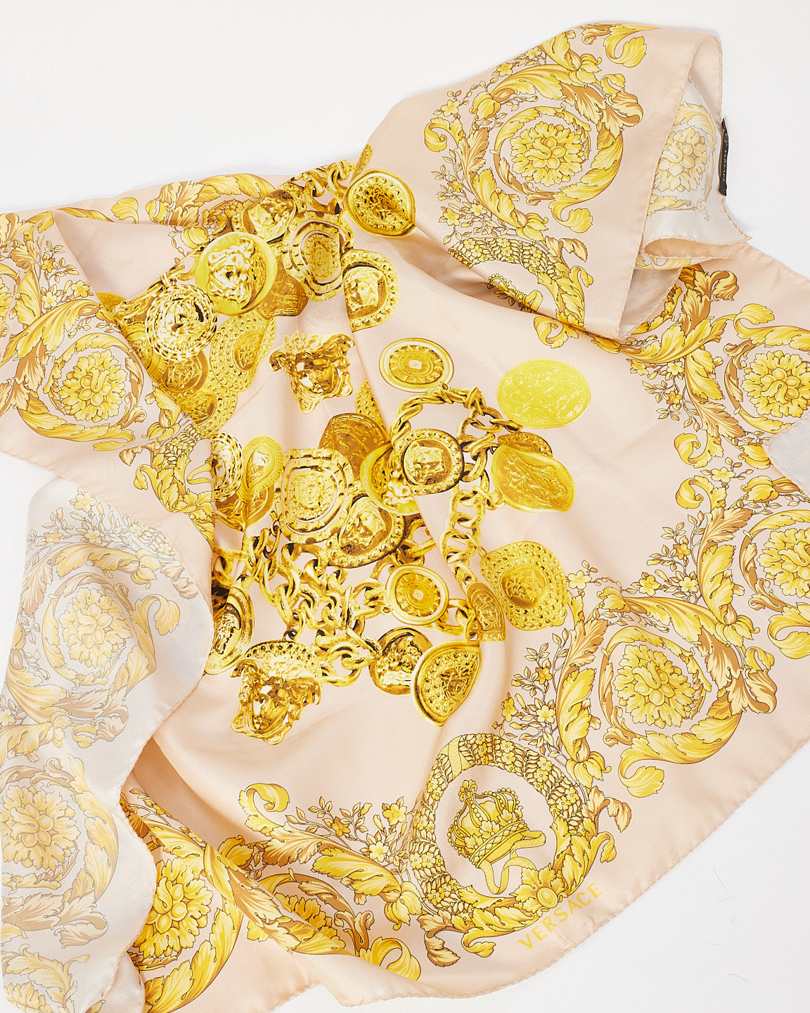 Versace Beige & Yellow Silk Medallion Print Scarf