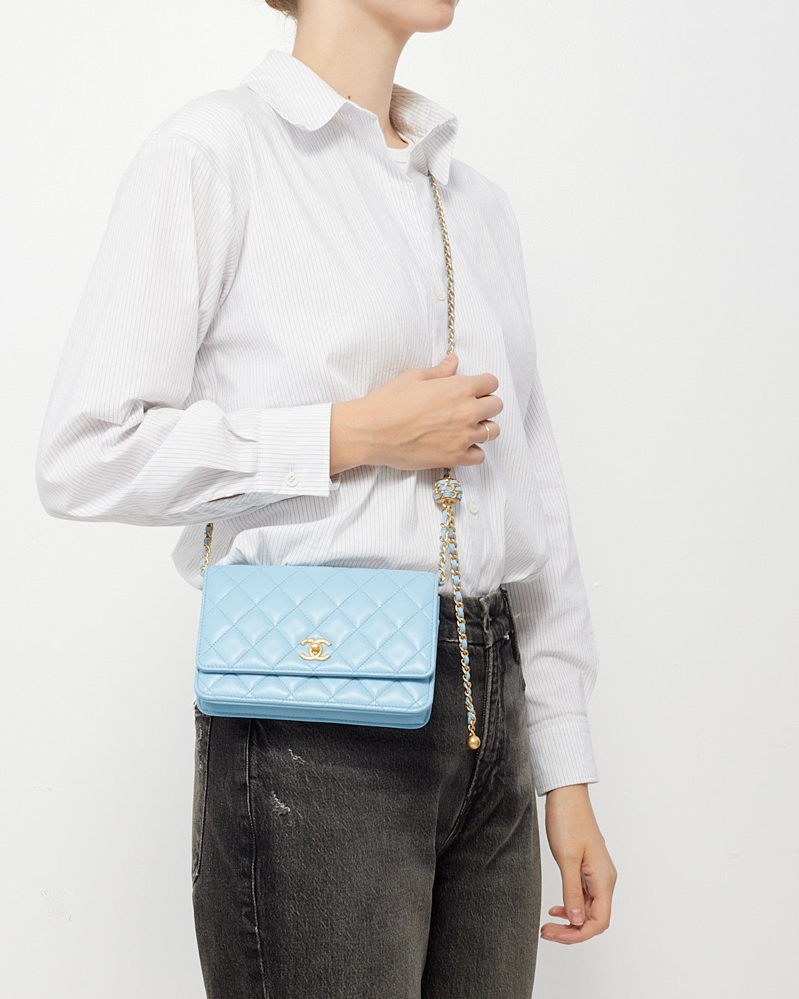 Chanel Baby Blue Lambskin Leather Pearl Crush Wallet on Chain