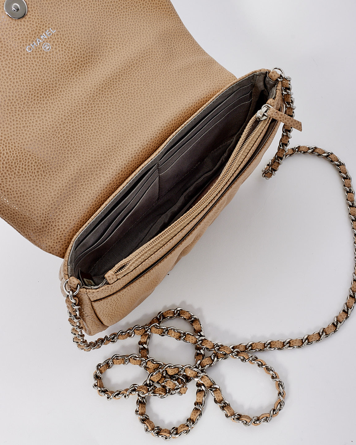 Chanel Beige Caviar Leather CC Logo Half Moon Chain Bag