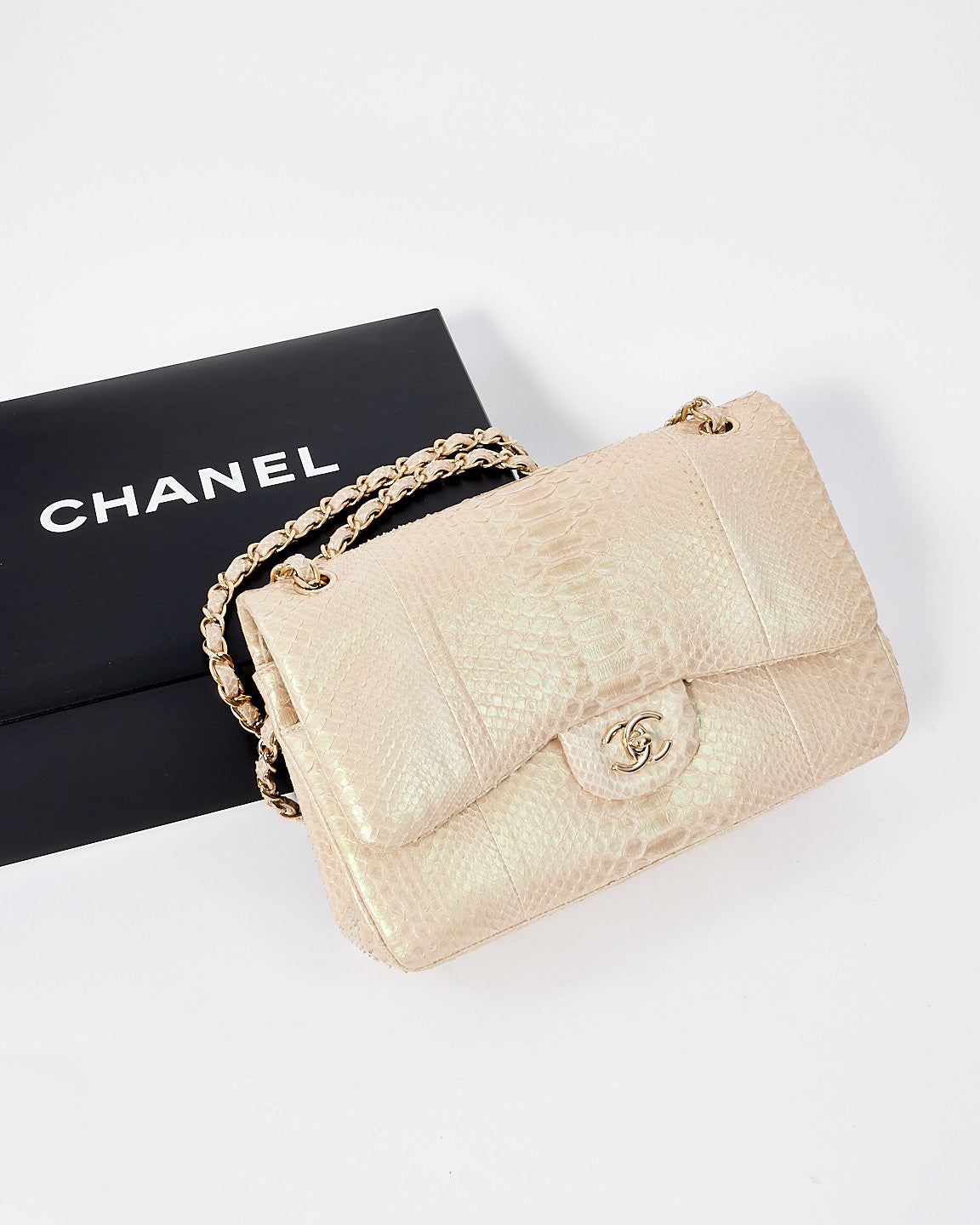 Chanel Beige Iridescent Python Jumbo Classic Double Flap Bag