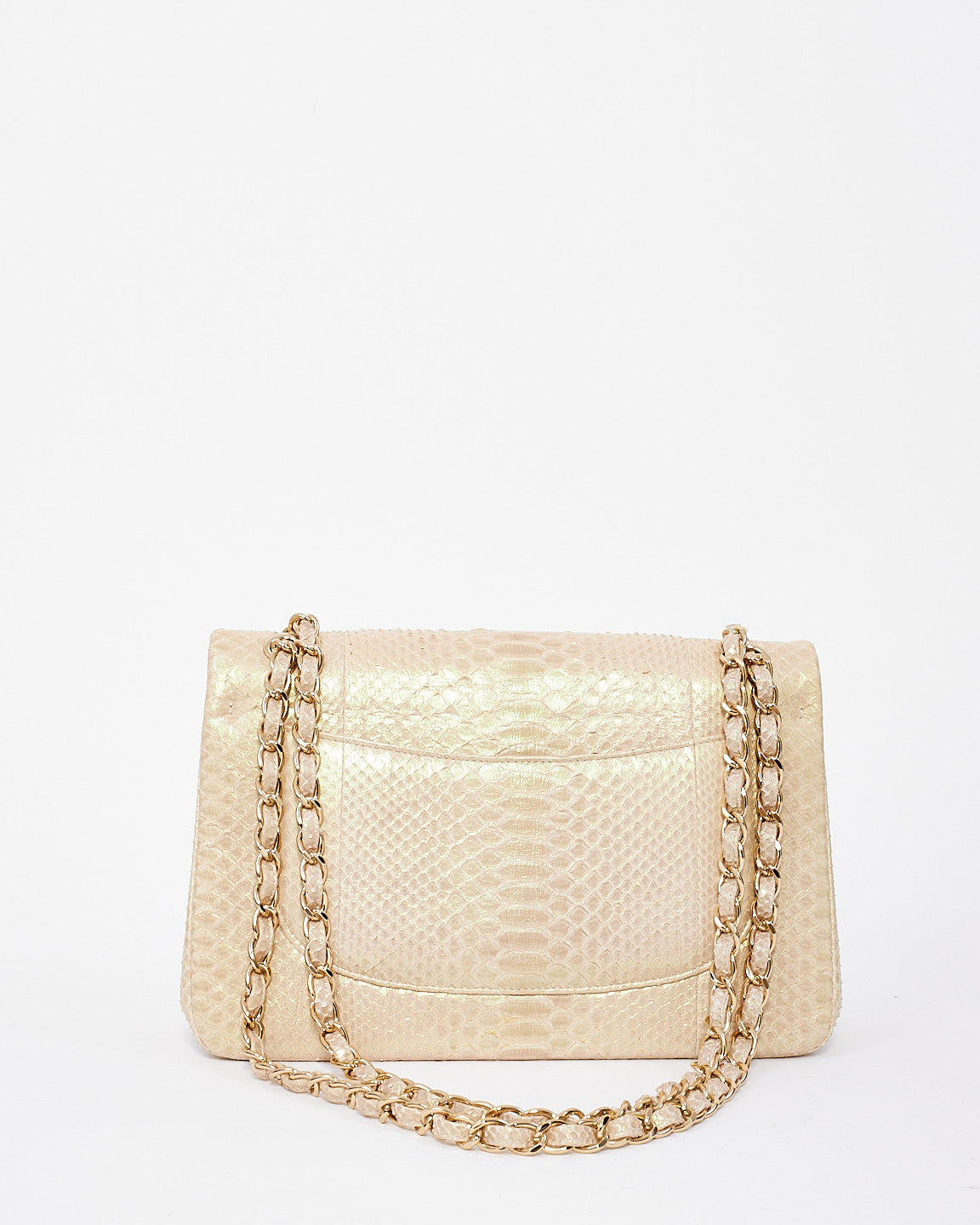 Sac à double rabat classique Jumbo en python irisé beige Chanel