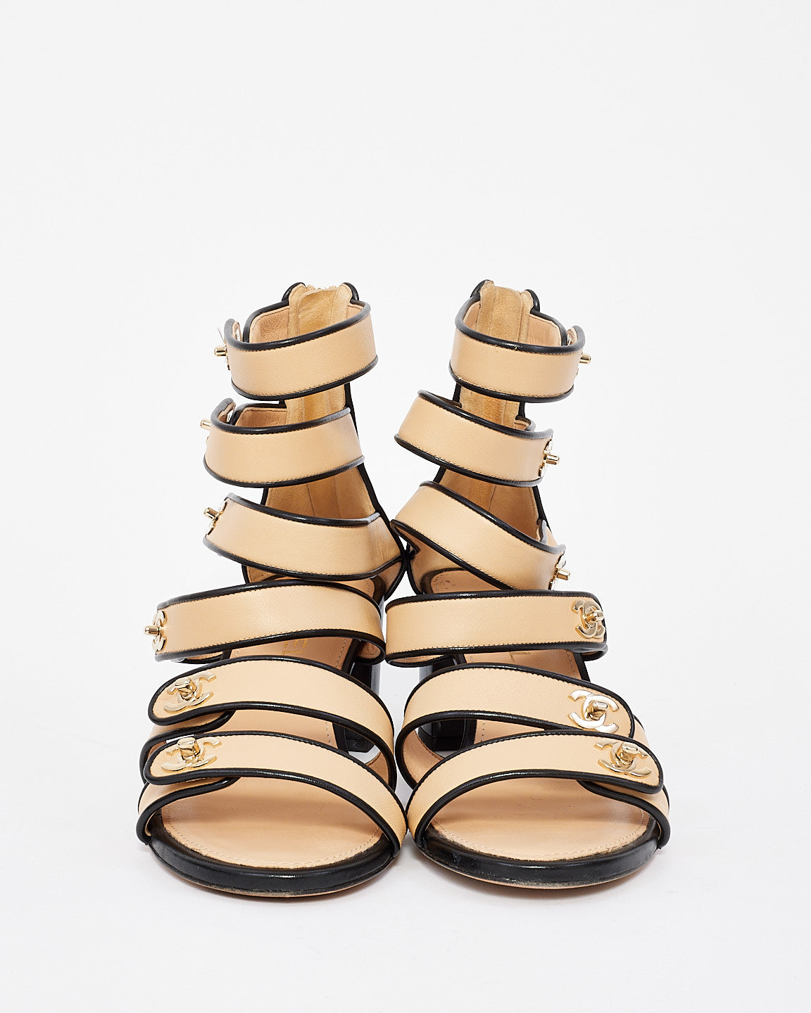 Chanel Beige/Black Leather CC Gladiator Sandals - 41.5