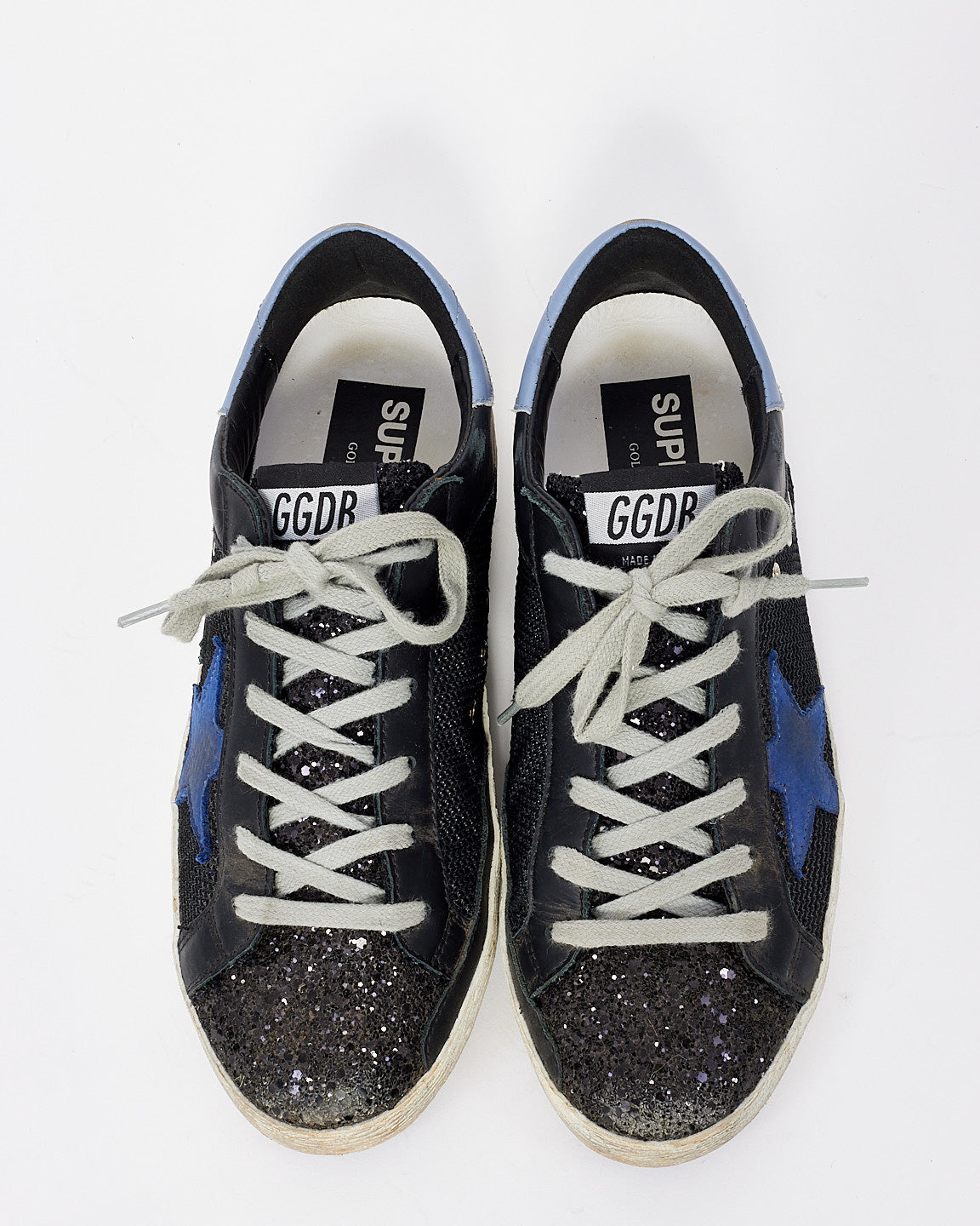 Golden Goose Black/Blue Leather and Glitter Low Top Superstar Sneakers - 38