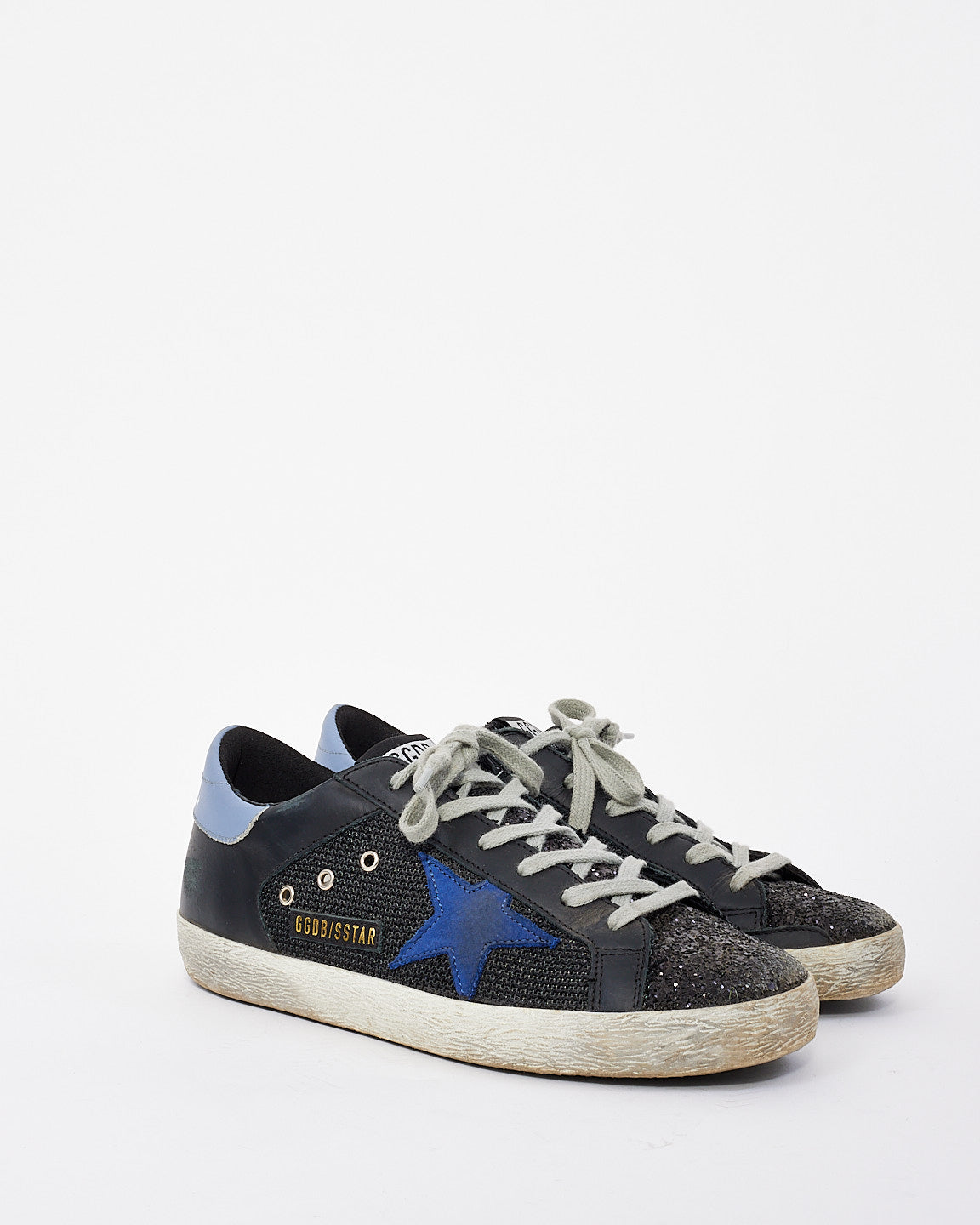 Golden Goose Black/Blue Leather and Glitter Low Top Superstar Sneakers - 38