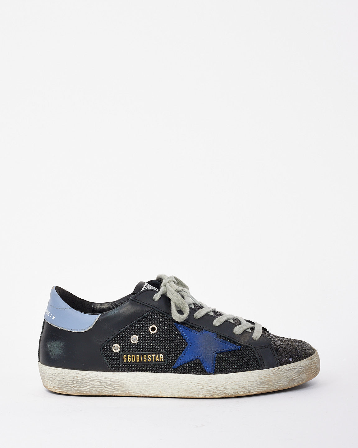 Golden Goose Black/Blue Leather and Glitter Low Top Superstar Sneakers - 38