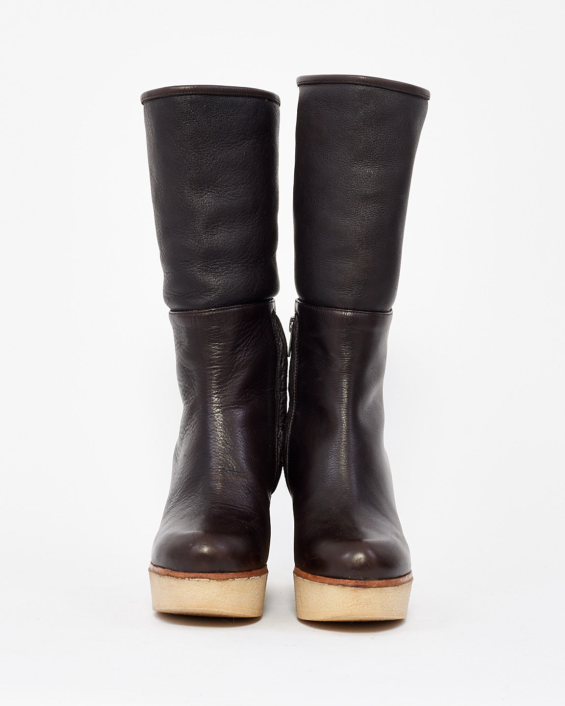 Jill Sander Brown Leather Platform Fur Lined Wedge Boots - 38