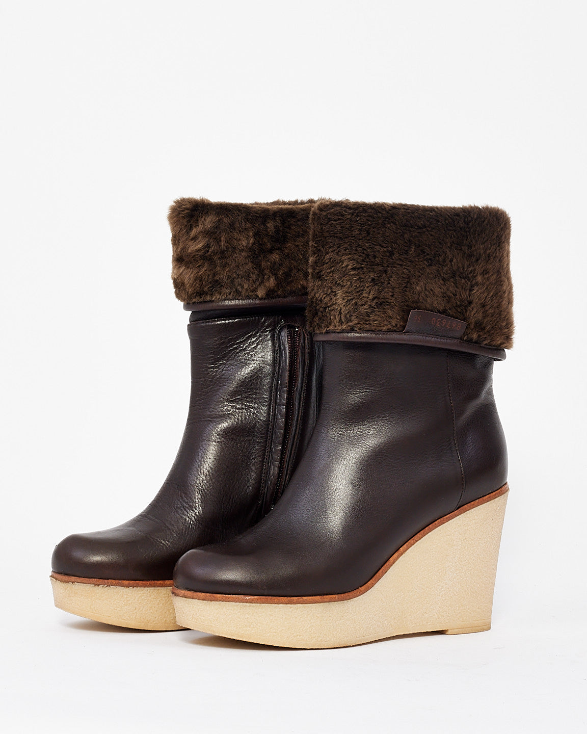 Jill Sander Brown Leather Platform Fur Lined Wedge Boots - 38