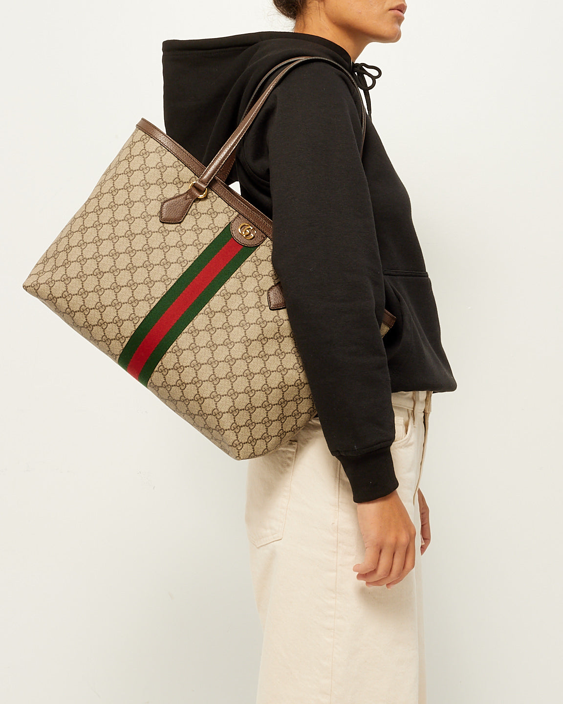 Gucci Brown GG Supreme Canvas Medium Ophidia Web Tote Bag