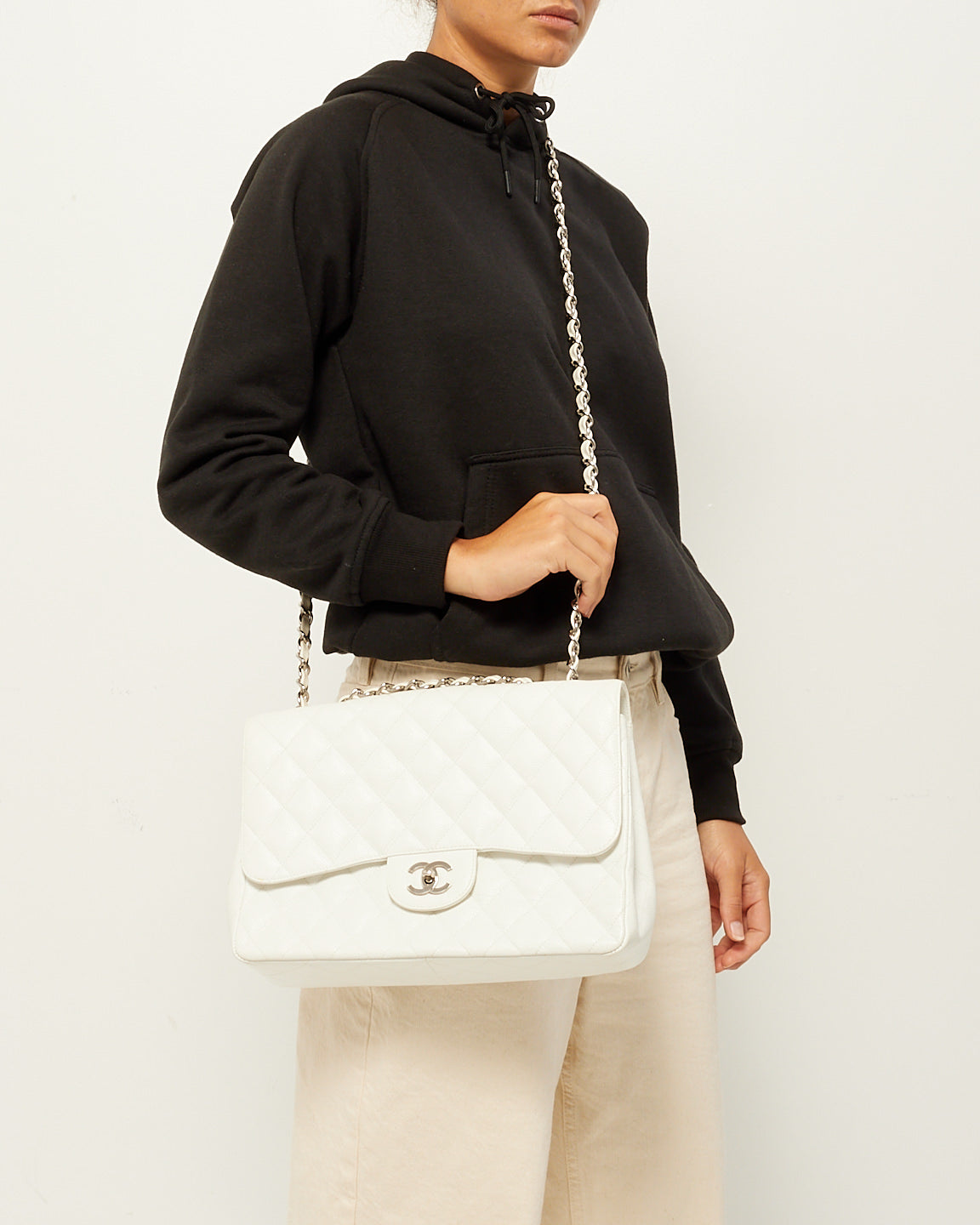 Chanel White Caviar Leather Jumbo Classic Single Flap Bag