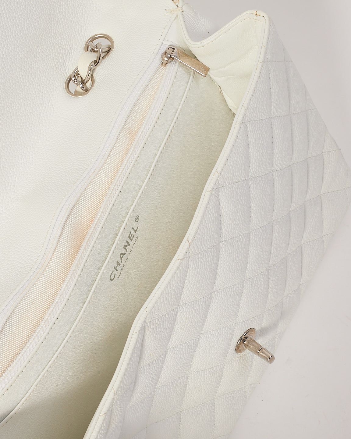 Chanel White Caviar Leather Jumbo Classic Single Flap Bag