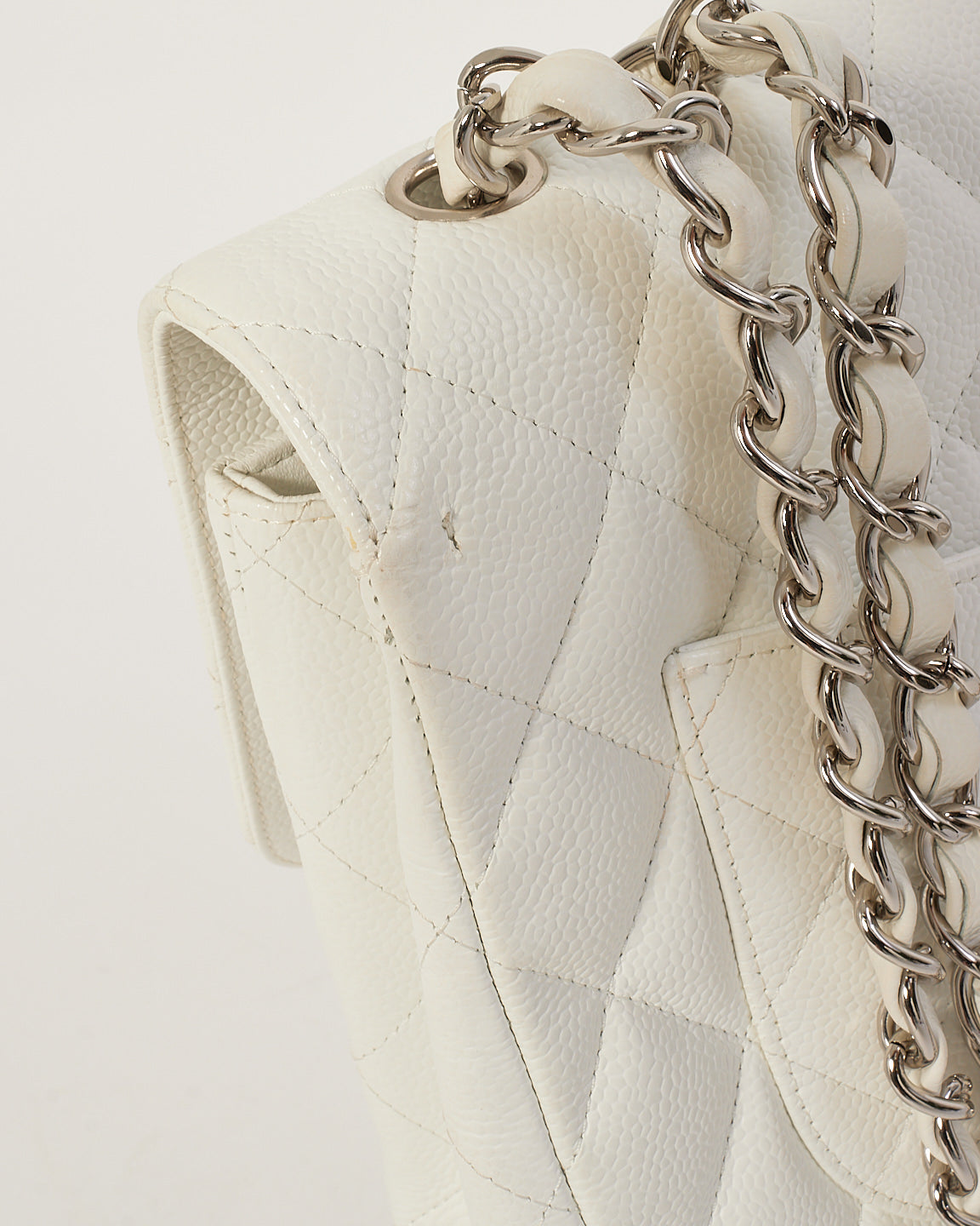 Chanel White Caviar Leather Jumbo Classic Single Flap Bag