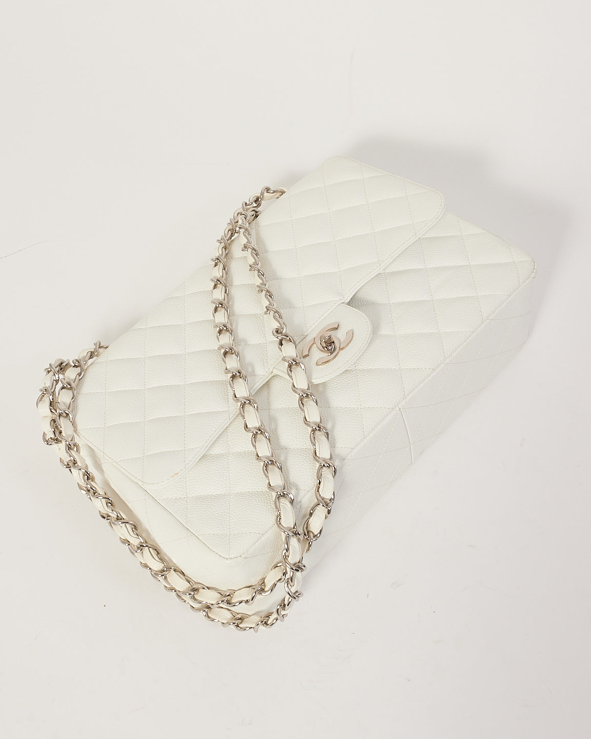 Chanel White Caviar Leather Jumbo Classic Single Flap Bag