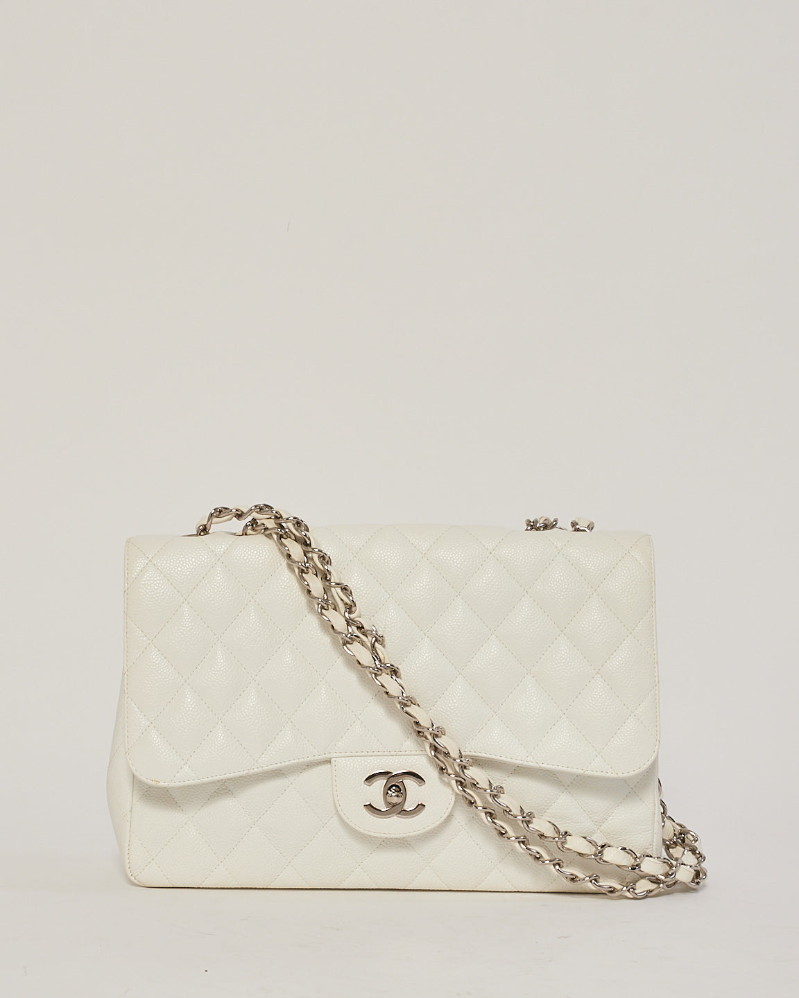 Chanel White Caviar Leather Jumbo Classic Single Flap Bag