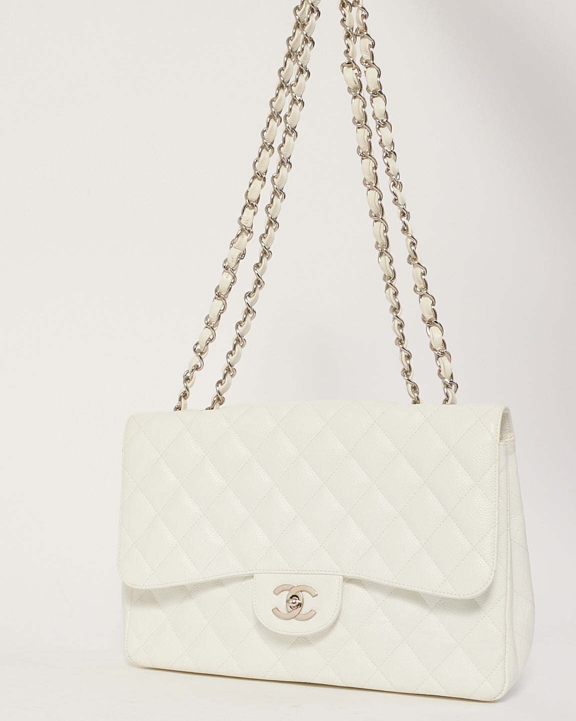 Chanel White Caviar Leather Jumbo Classic Single Flap Bag