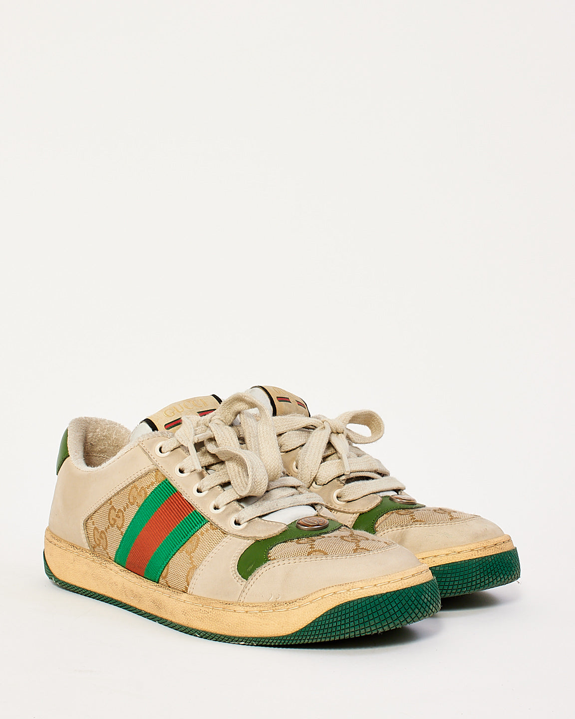 Gucci Beige & Green Leather Screener Sneakers - 39