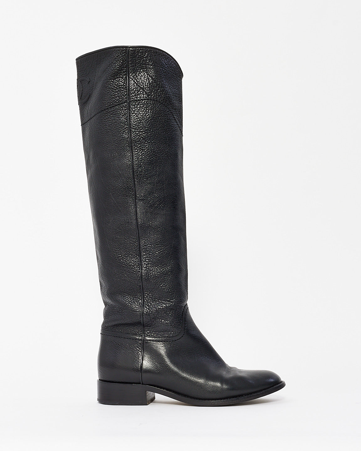 Chanel Black Leather Knee High Logo Riding Boots - 39