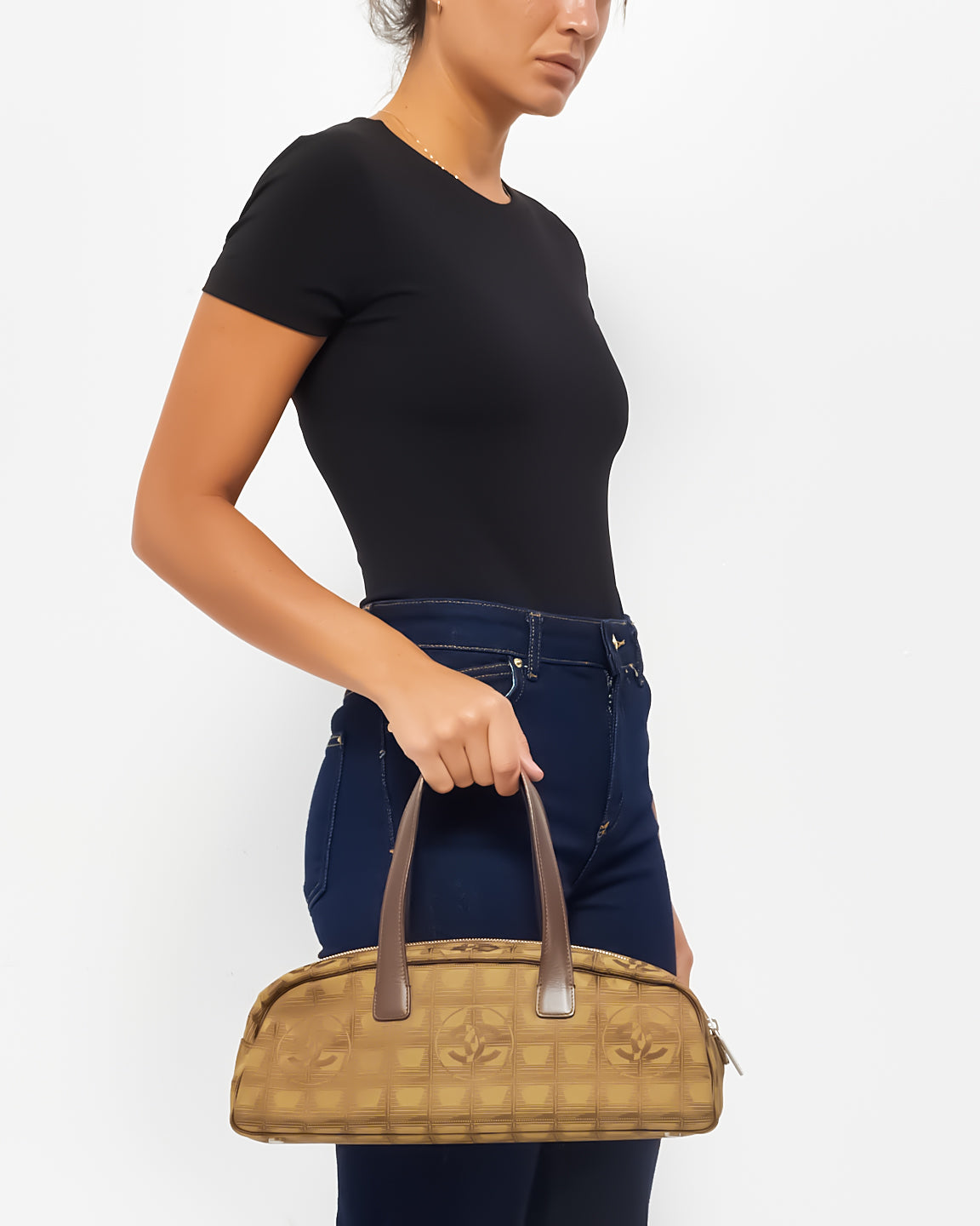 Chanel Brown Logo New Line Canvas Bowler Tote Bag