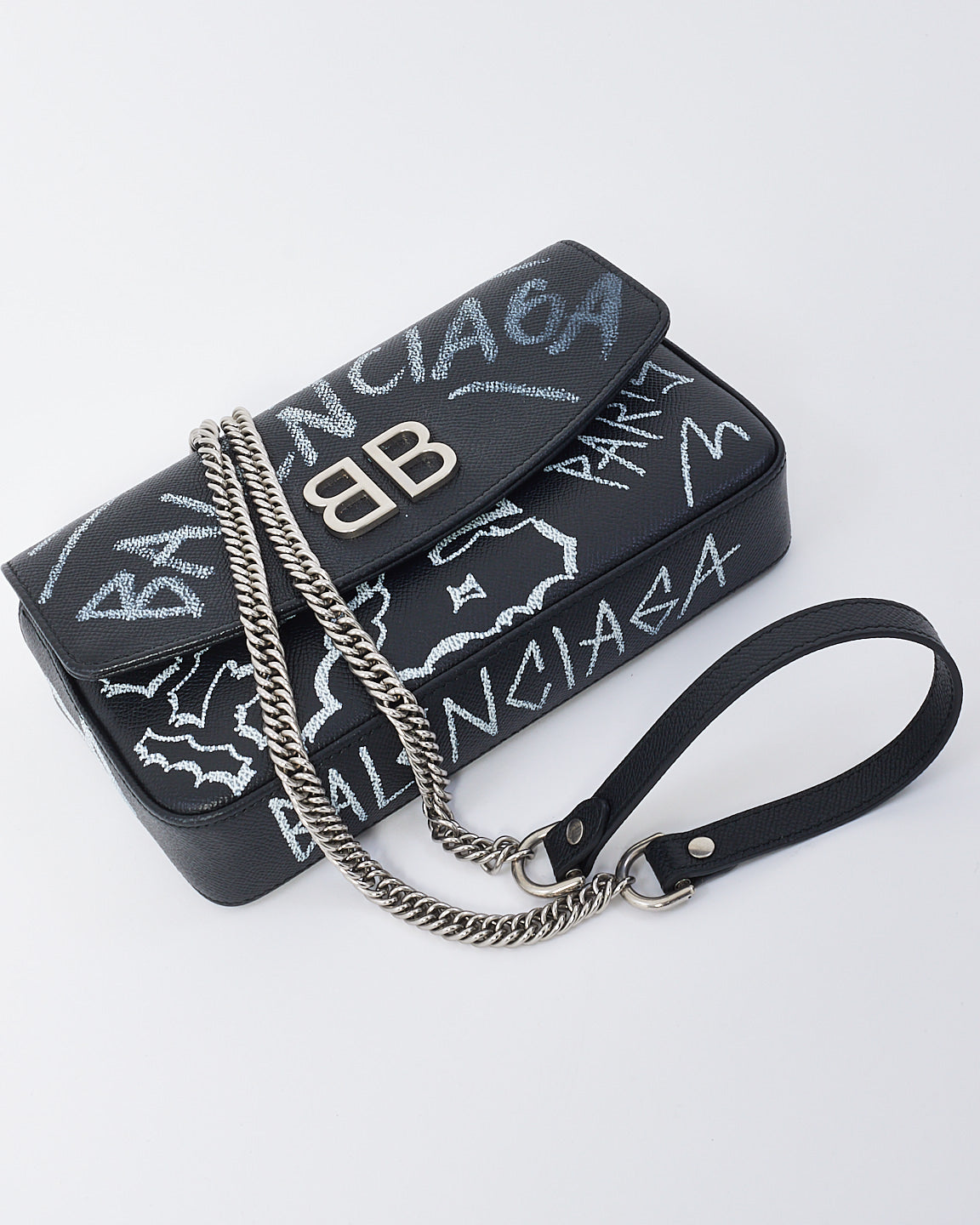 Balenciaga Sac à chaîne BB Graffiti en cuir noir