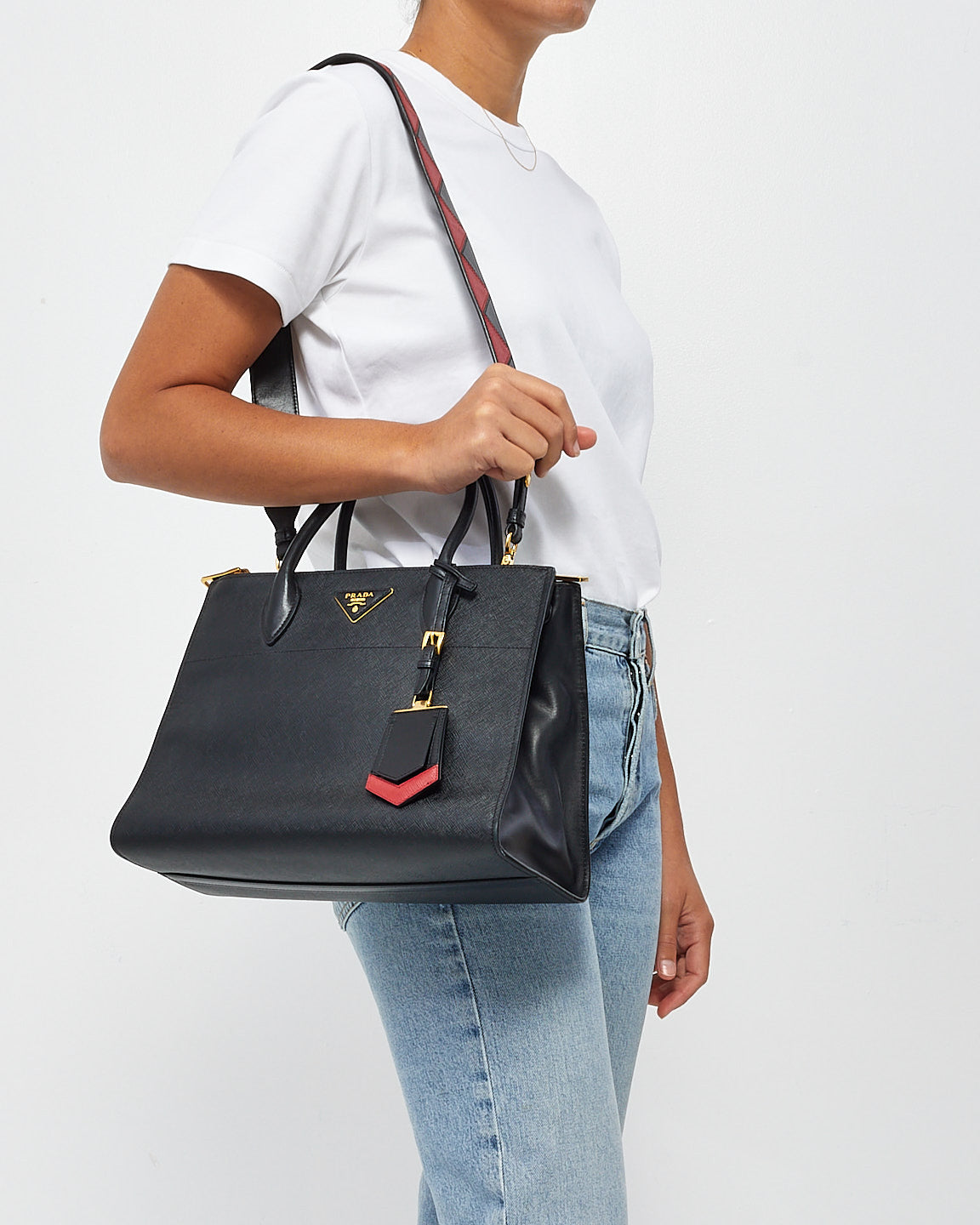 Prada Black & Red Saffiano Geometric-Strap Tote Bag