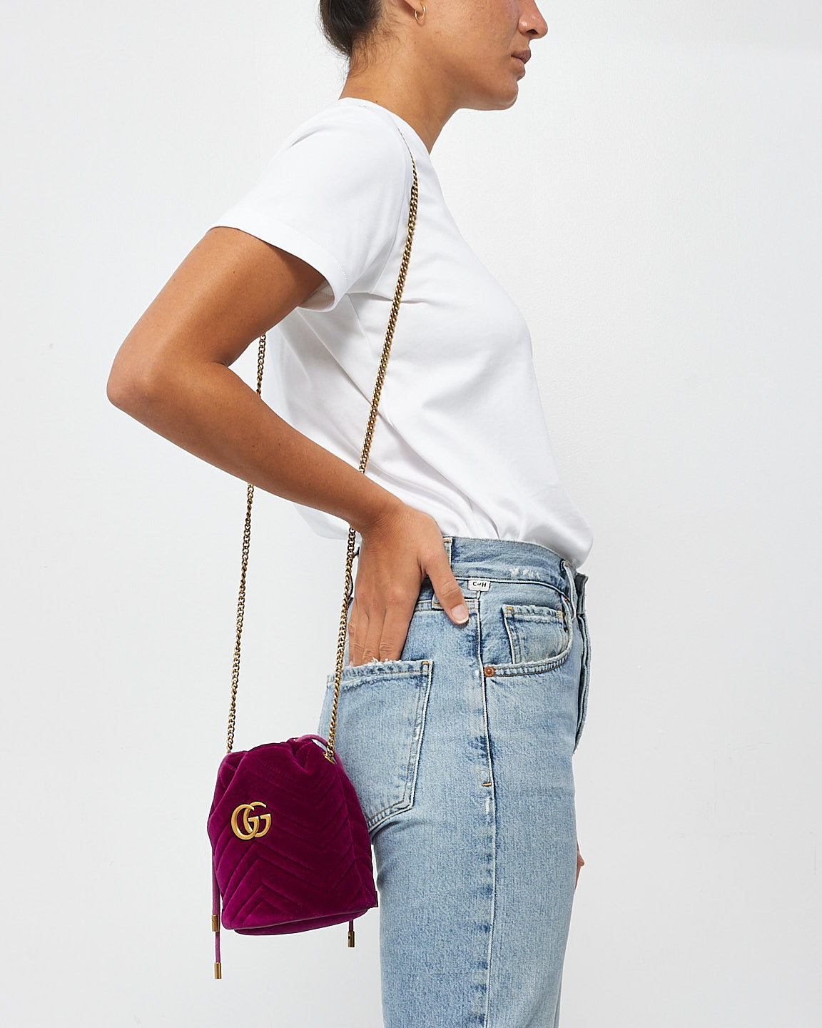 Gucci Fuchsia Velvet GG Marmont Mini Bucket Bag