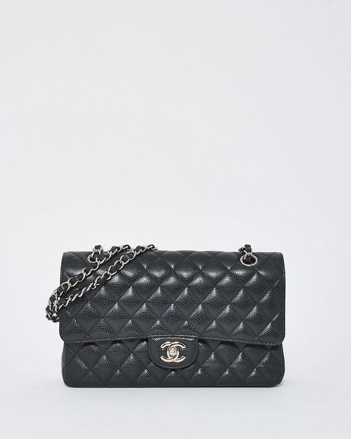 Sac à double rabat classique moyen en cuir caviar noir Chanel SHW