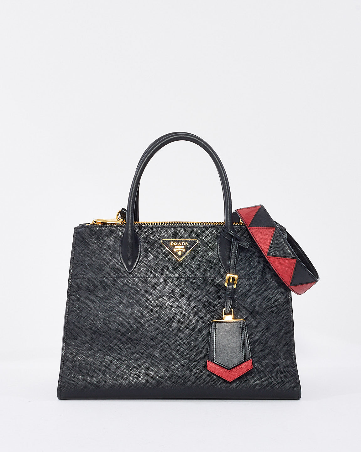 Prada Black & Red Saffiano Geometric-Strap Tote Bag