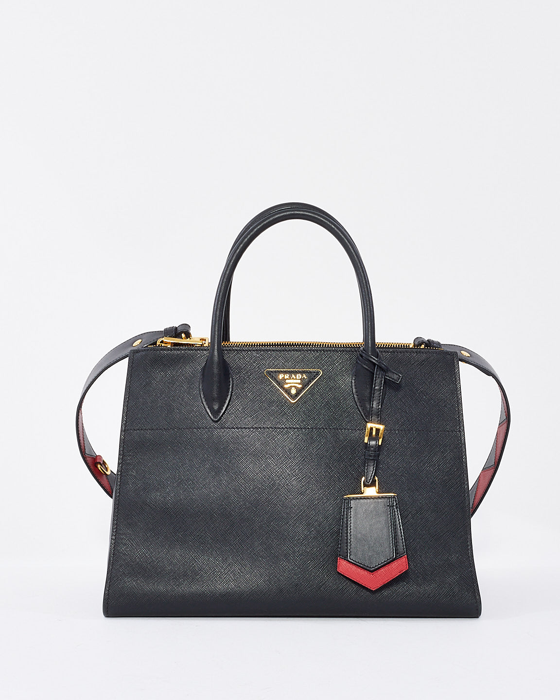 Prada Black & Red Saffiano Geometric-Strap Tote Bag