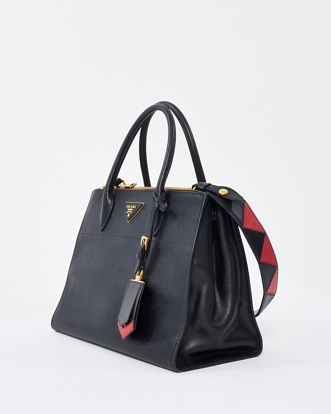 Prada Black & Red Saffiano Geometric-Strap Tote Bag