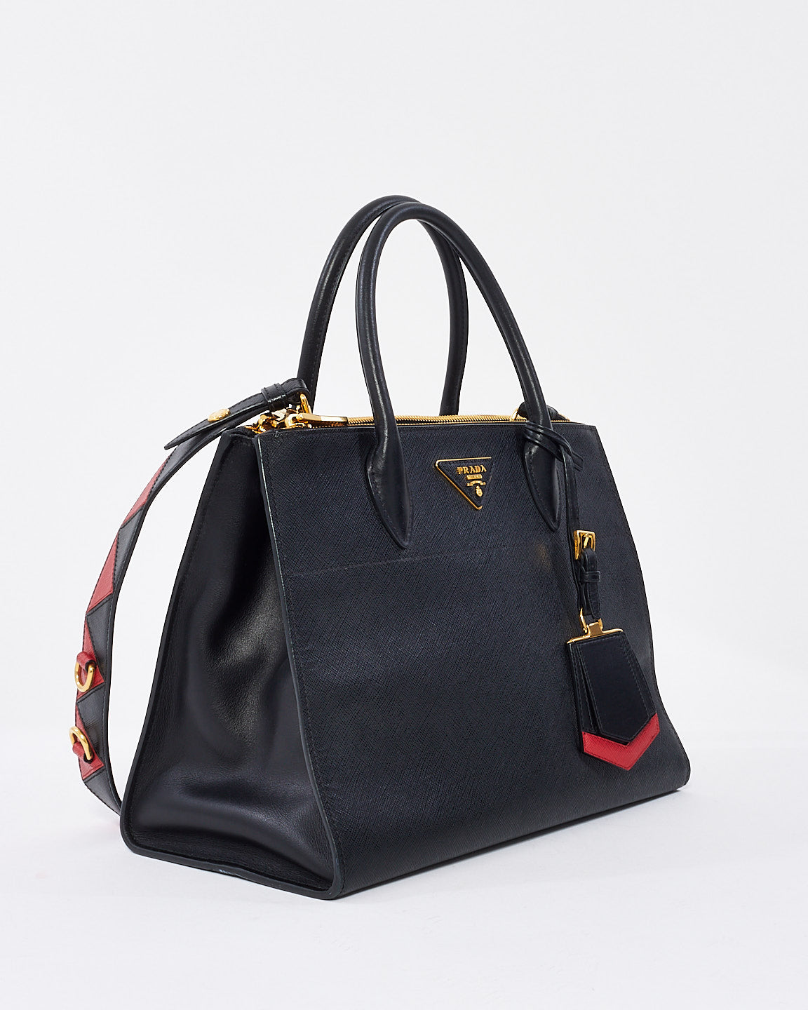 Prada Black & Red Saffiano Geometric-Strap Tote Bag