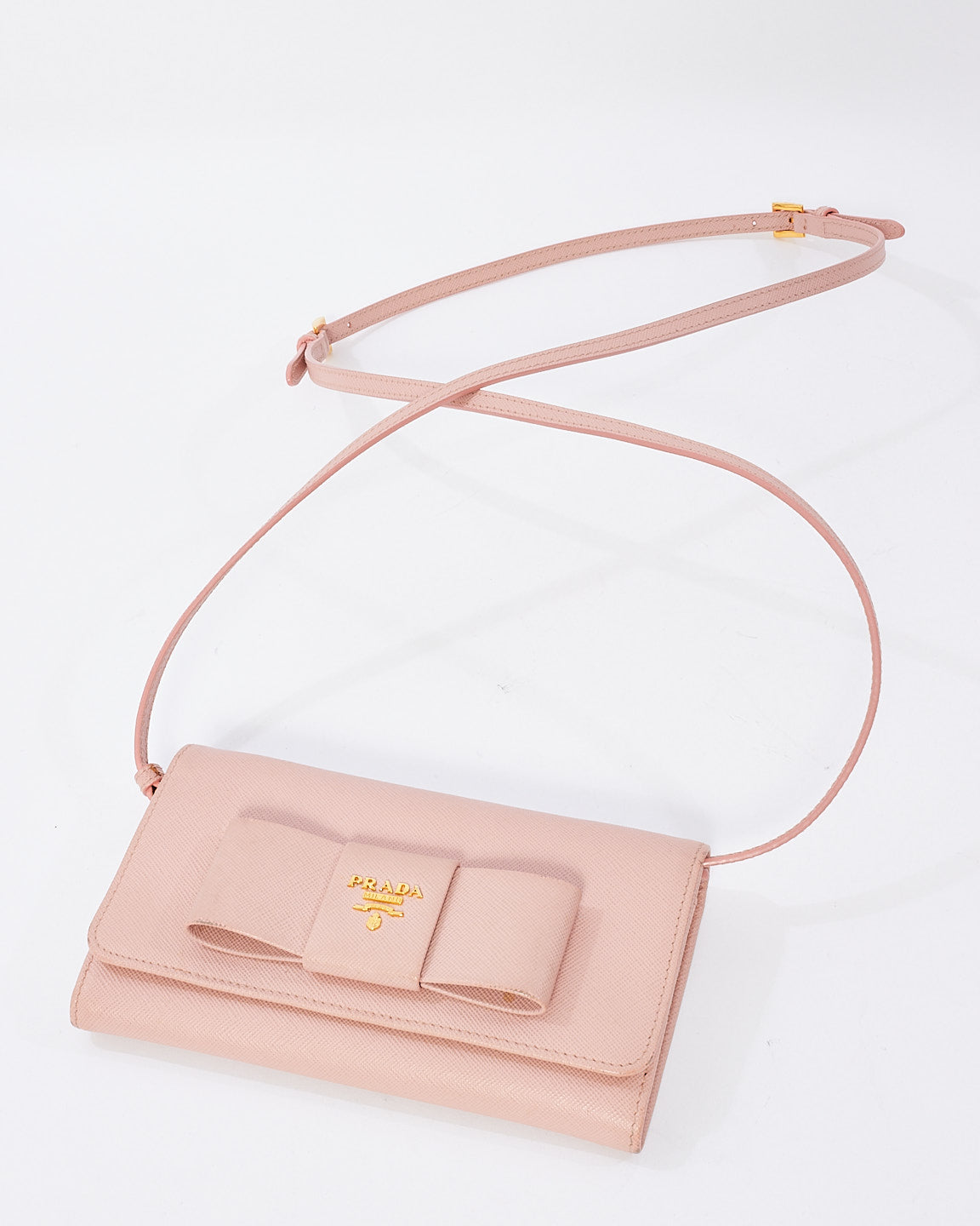 Prada Pink Saffiano Leather Bow Wallet On Chain