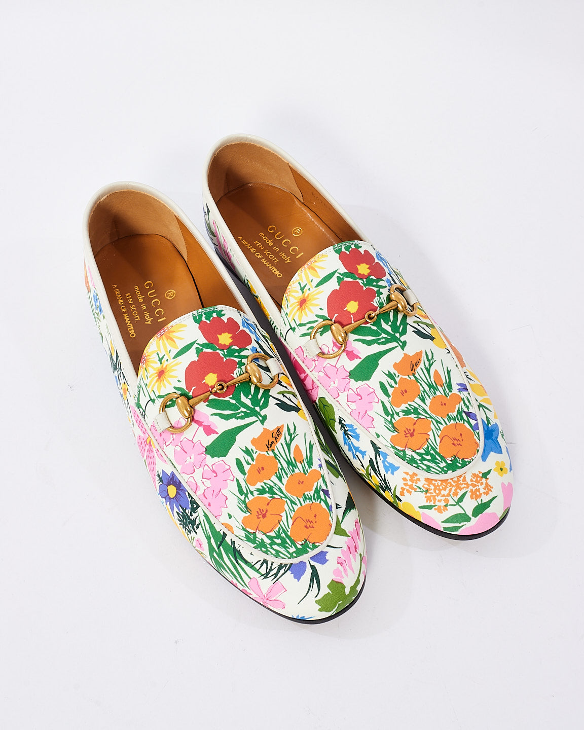 Gucci White Multi Floral Pattern Leather Horsebit Loafers - 38.5