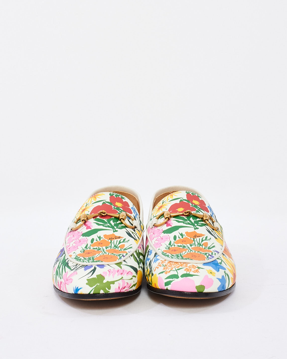 Gucci White Multi Floral Pattern Leather Horsebit Loafers - 38.5