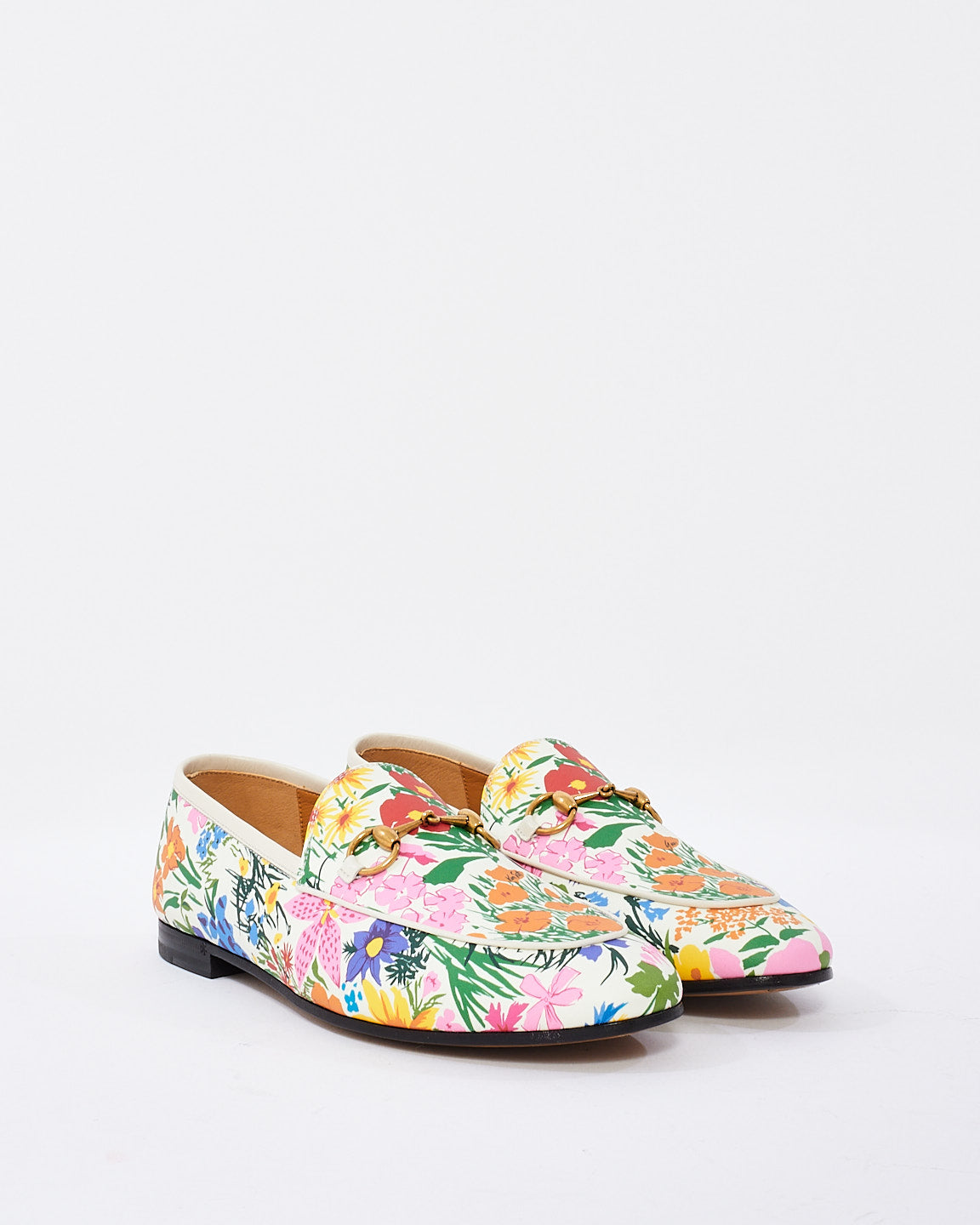 Gucci White Multi Floral Pattern Leather Horsebit Loafers - 38.5