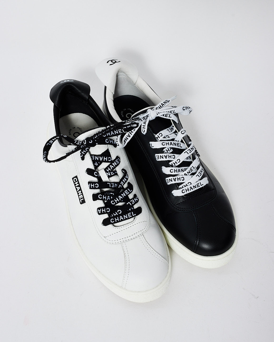 Chanel Men's Black & White Leather Logo Low Top Sneakers -  43