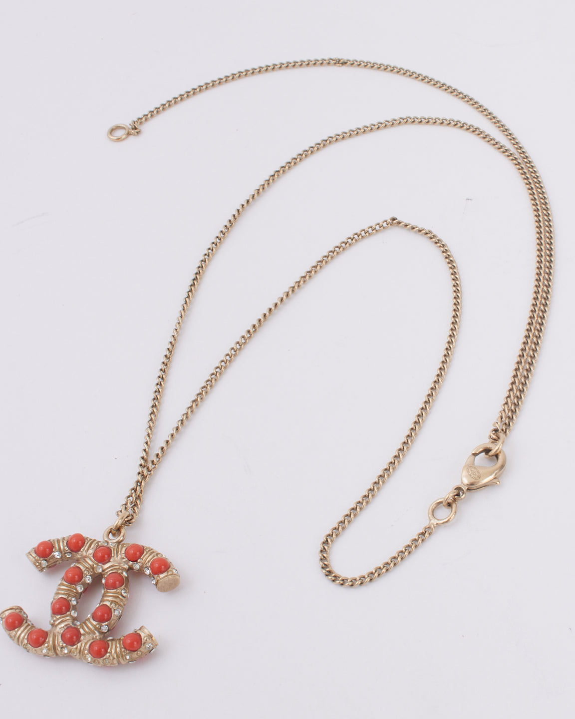 Chanel Gold Tone Metal with Coral Beads CC Logo Necklace