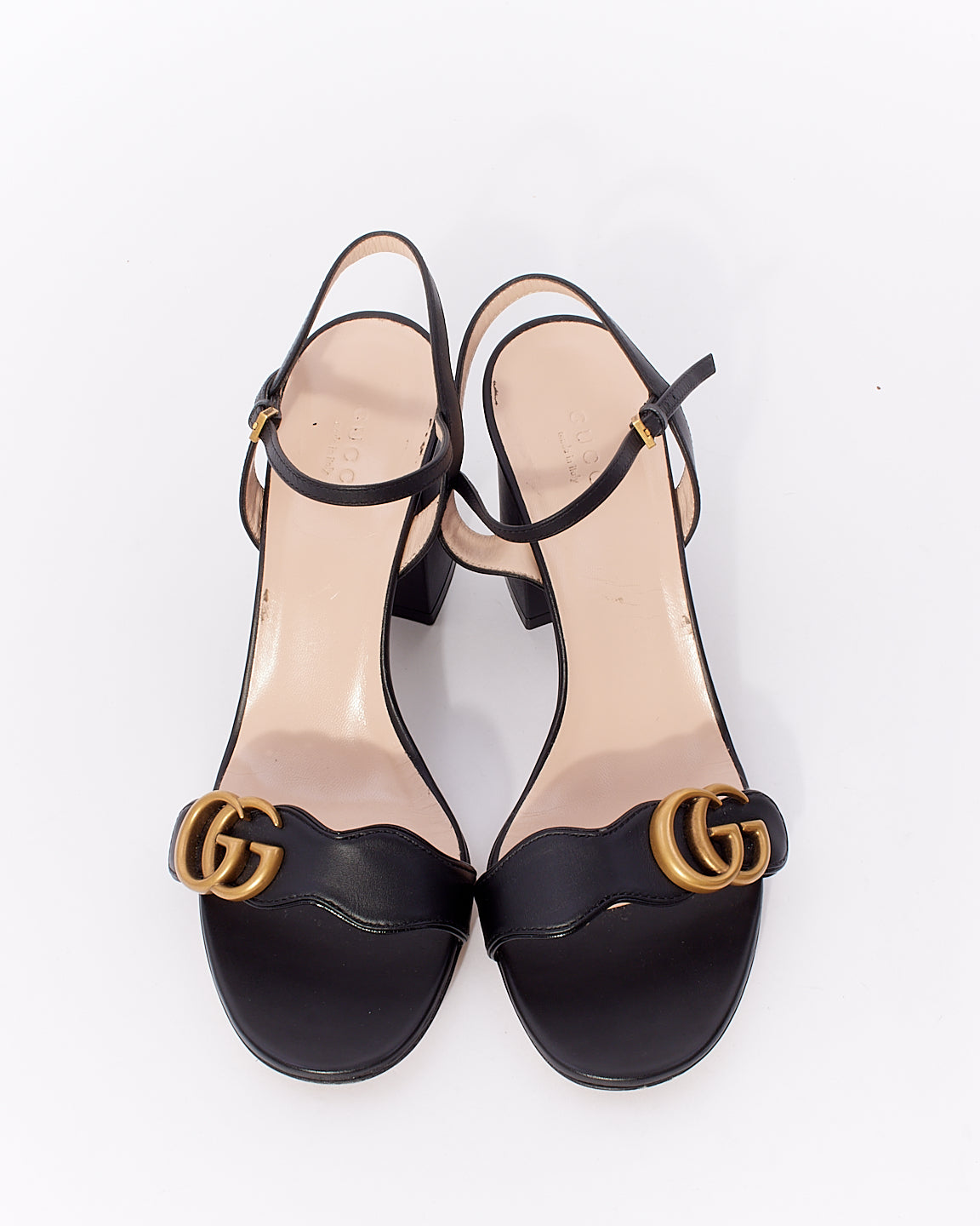 Gucci Black Leather GG Marmont Ankle Strap Block Heel Sandals - 39