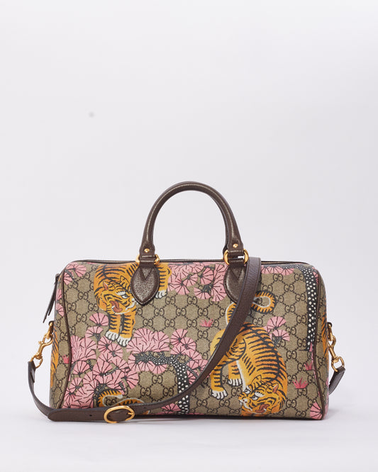 Gucci Brown Canvas GG Supreme Bengal Boston Bag with Strap