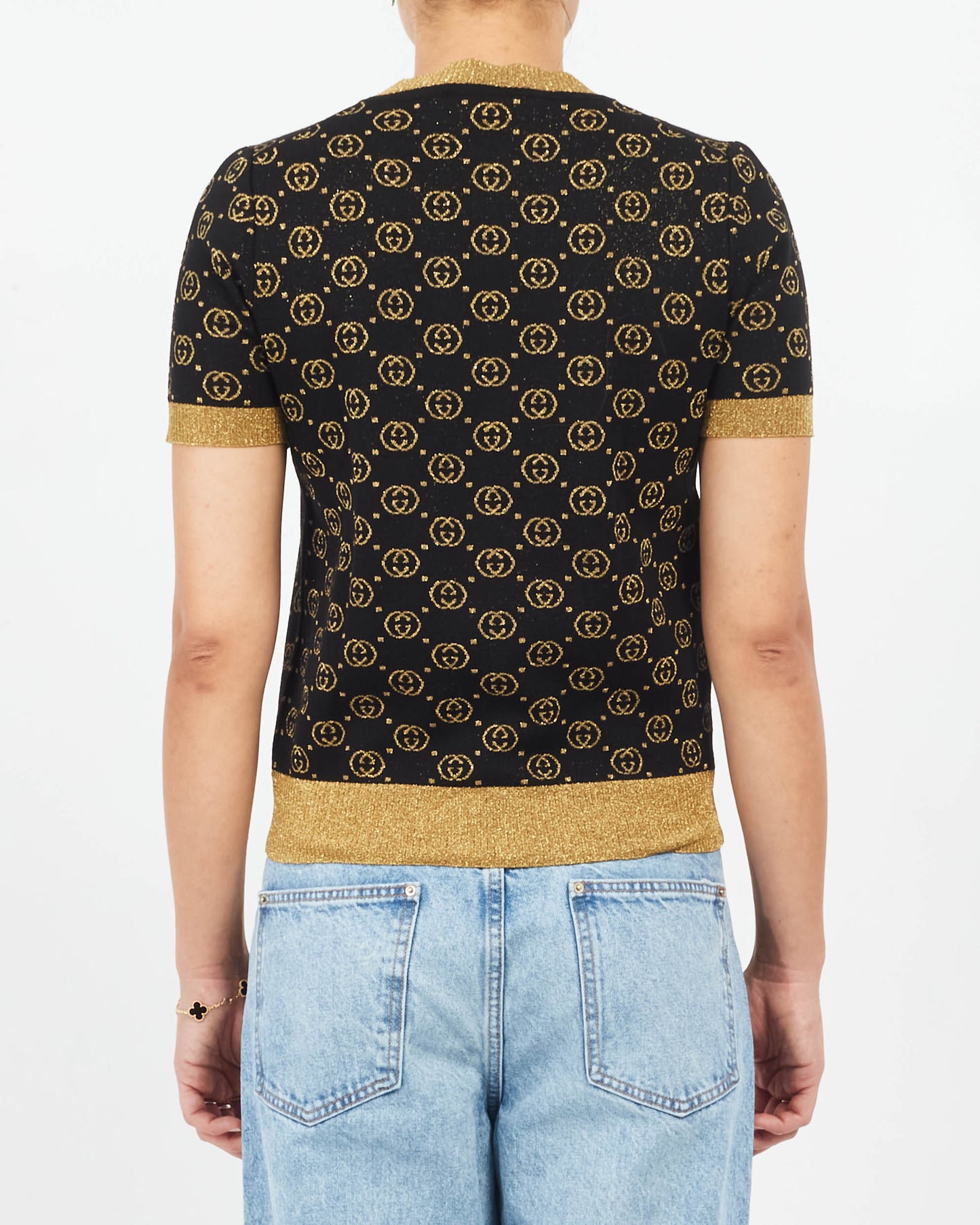 Gucci Black & Gold Sparkle Knit Monogram Sweater Top - XS