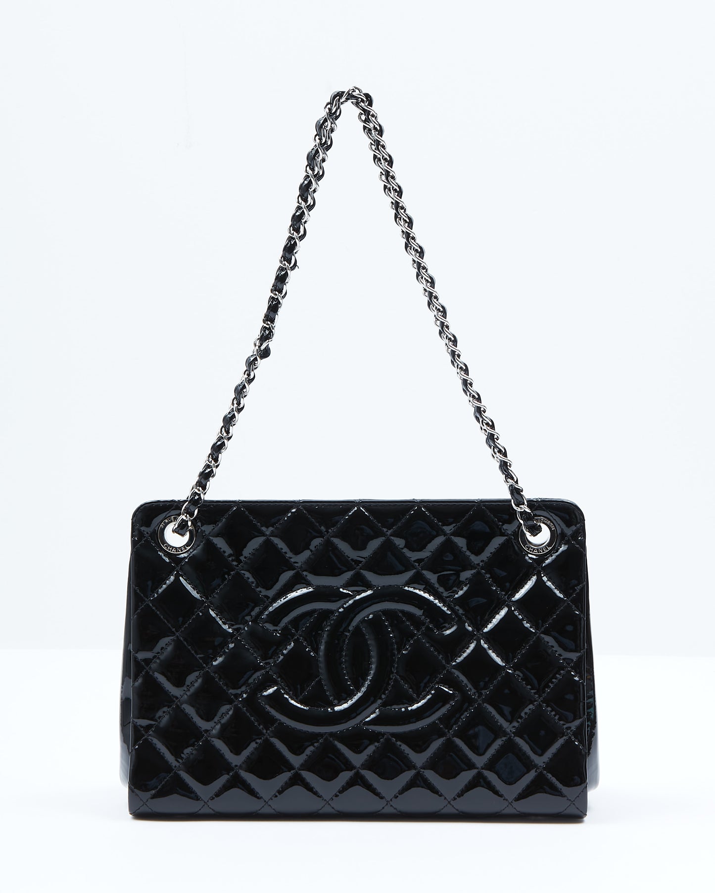 Chanel Black Patent Quilted CC Timeless Shopper Tote Chain Bag