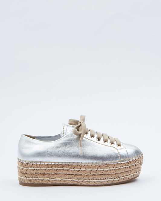 Prada Silver Metallic Platform Lace Up Espadrilles - 37.5