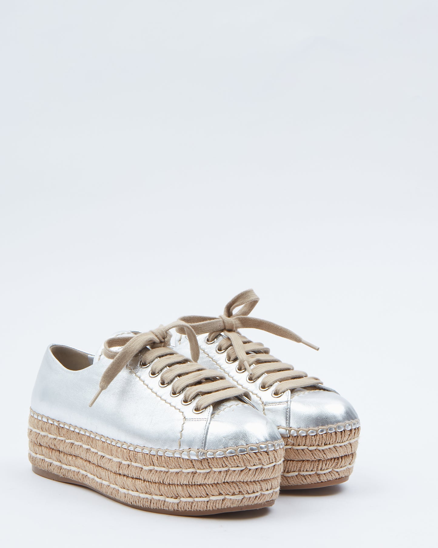 Prada Silver Metallic Platform Lace Up Espadrilles - 37.5