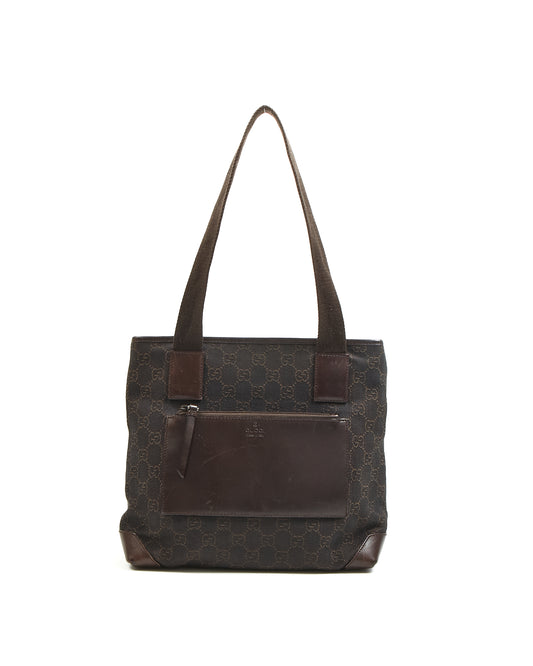 Gucci Brown Monogram GG Canvas Leather Pocket Shoulder Bag Tote