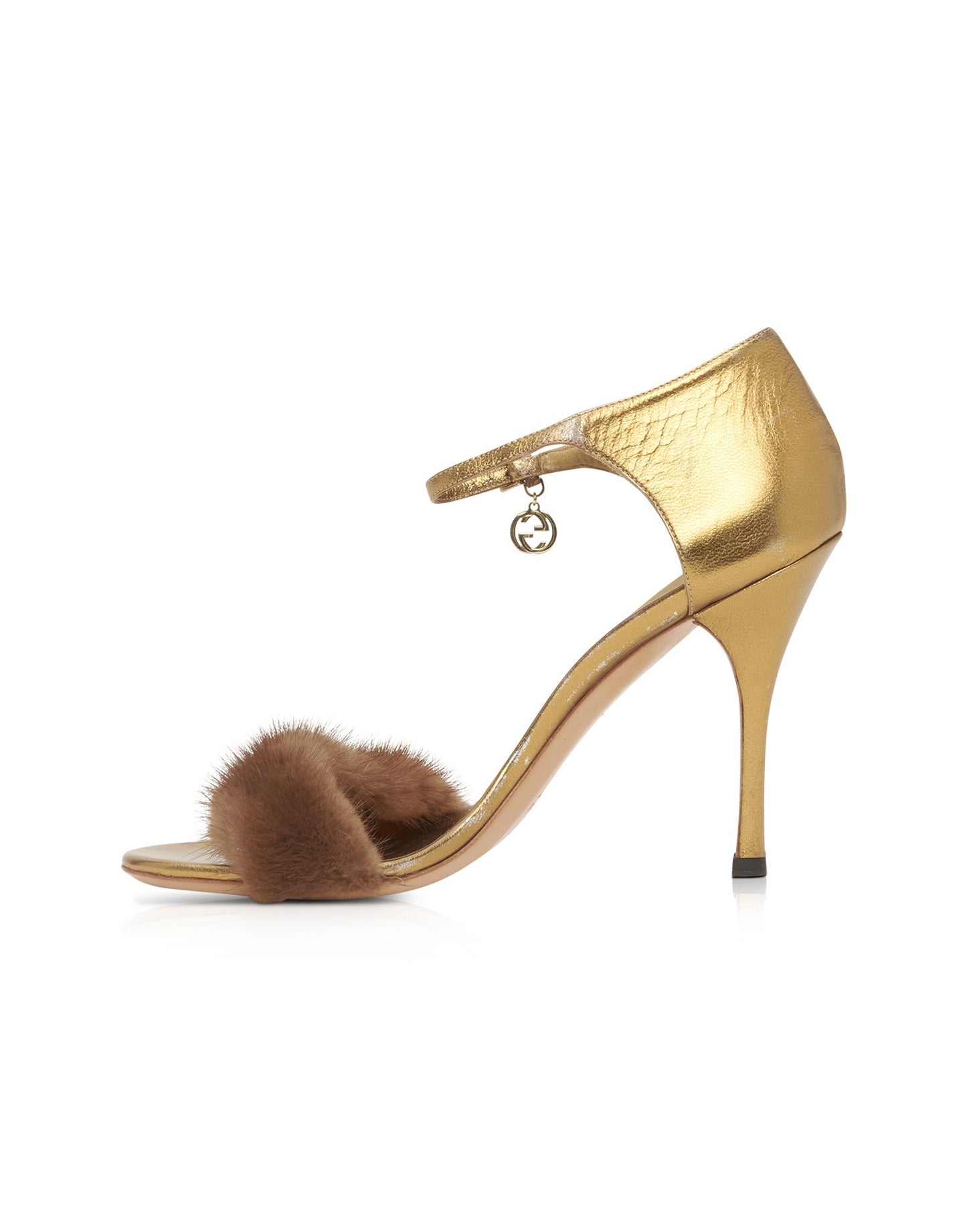 Gucci Gold "Tom Ford Era" Brown Fur Open Toe Heeled Sandals - 8.5B