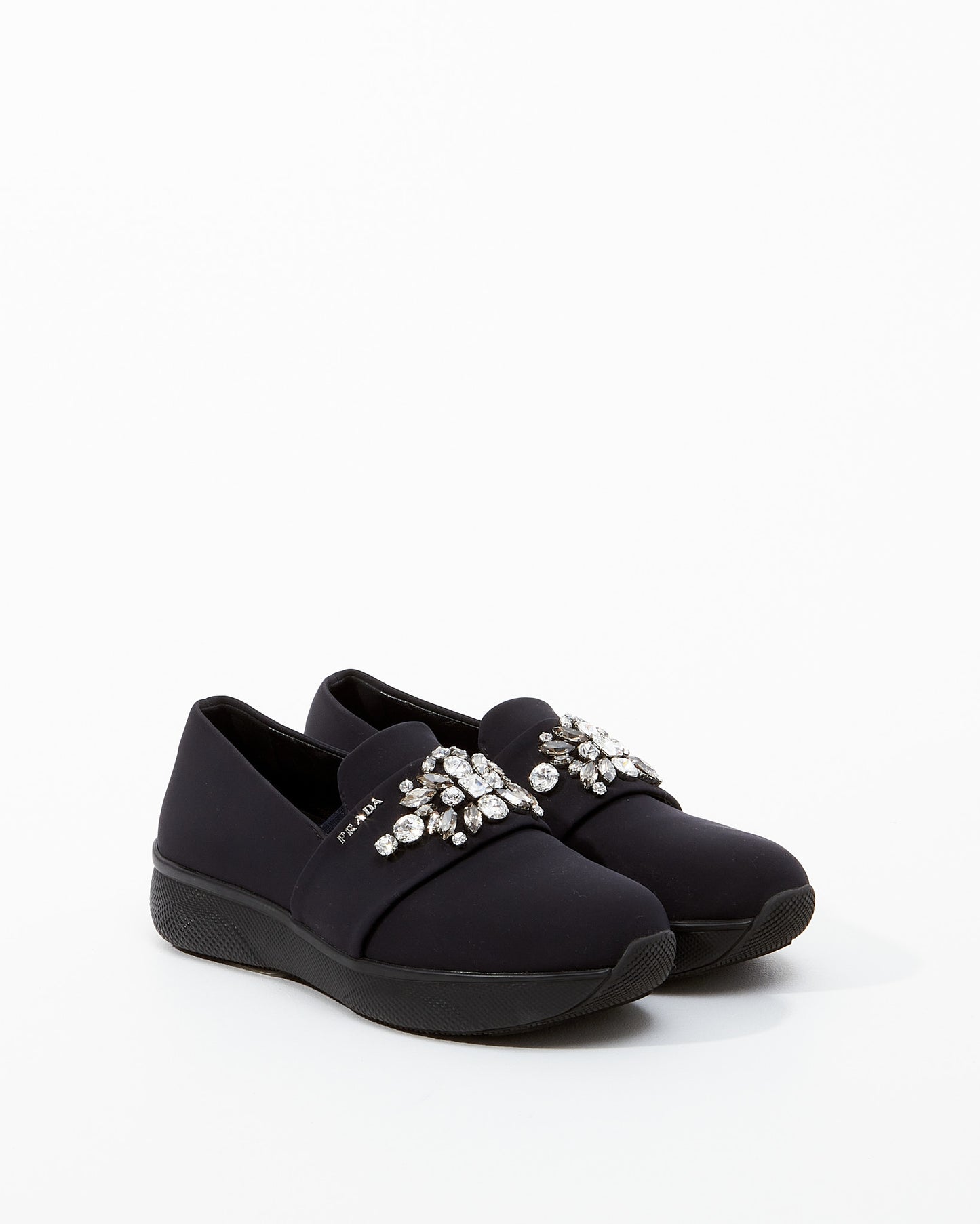 Prada Navy Neoprene Embellished Platform Sneakers - 39