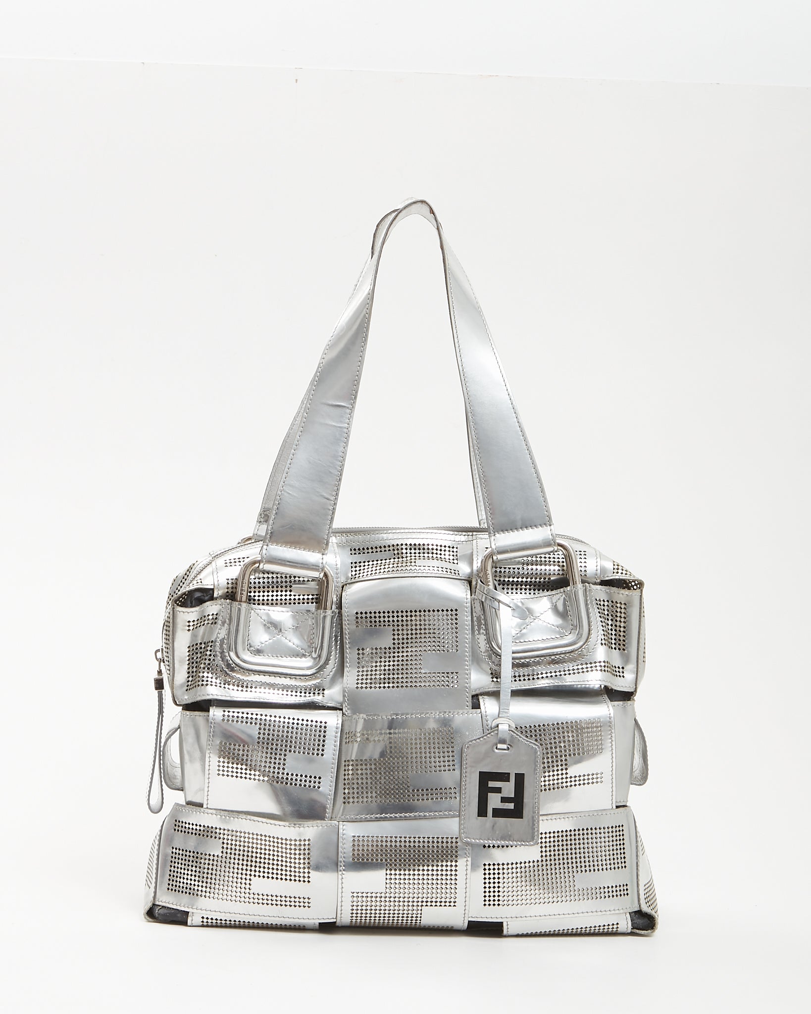 Fendi Silver Metallic Leather Crossword Tote Zipper Bag