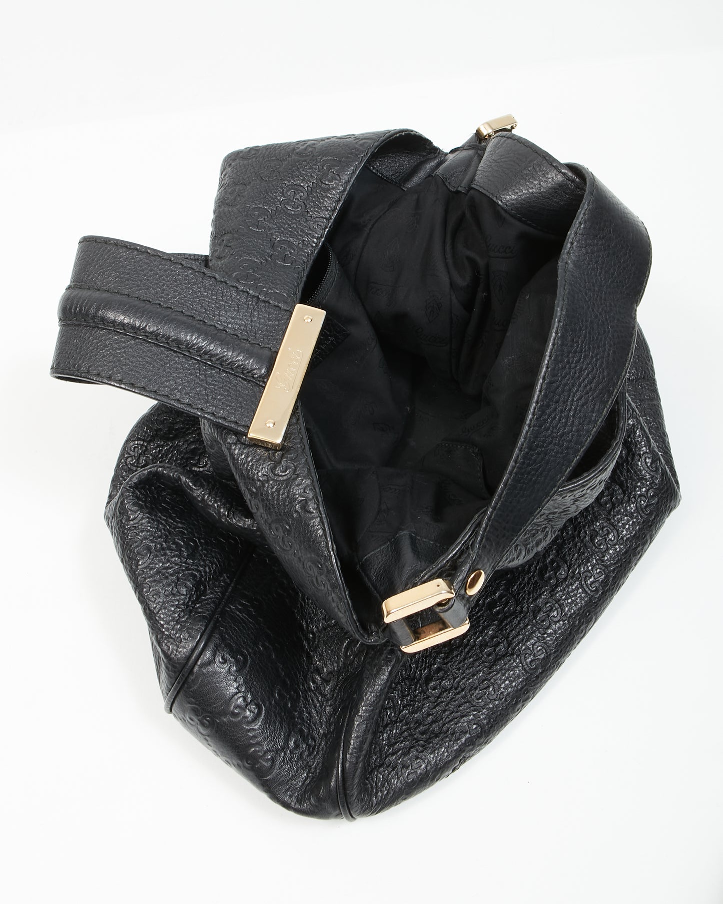 Gucci Black Leather GG Embossed Hobo Shoulder Bag